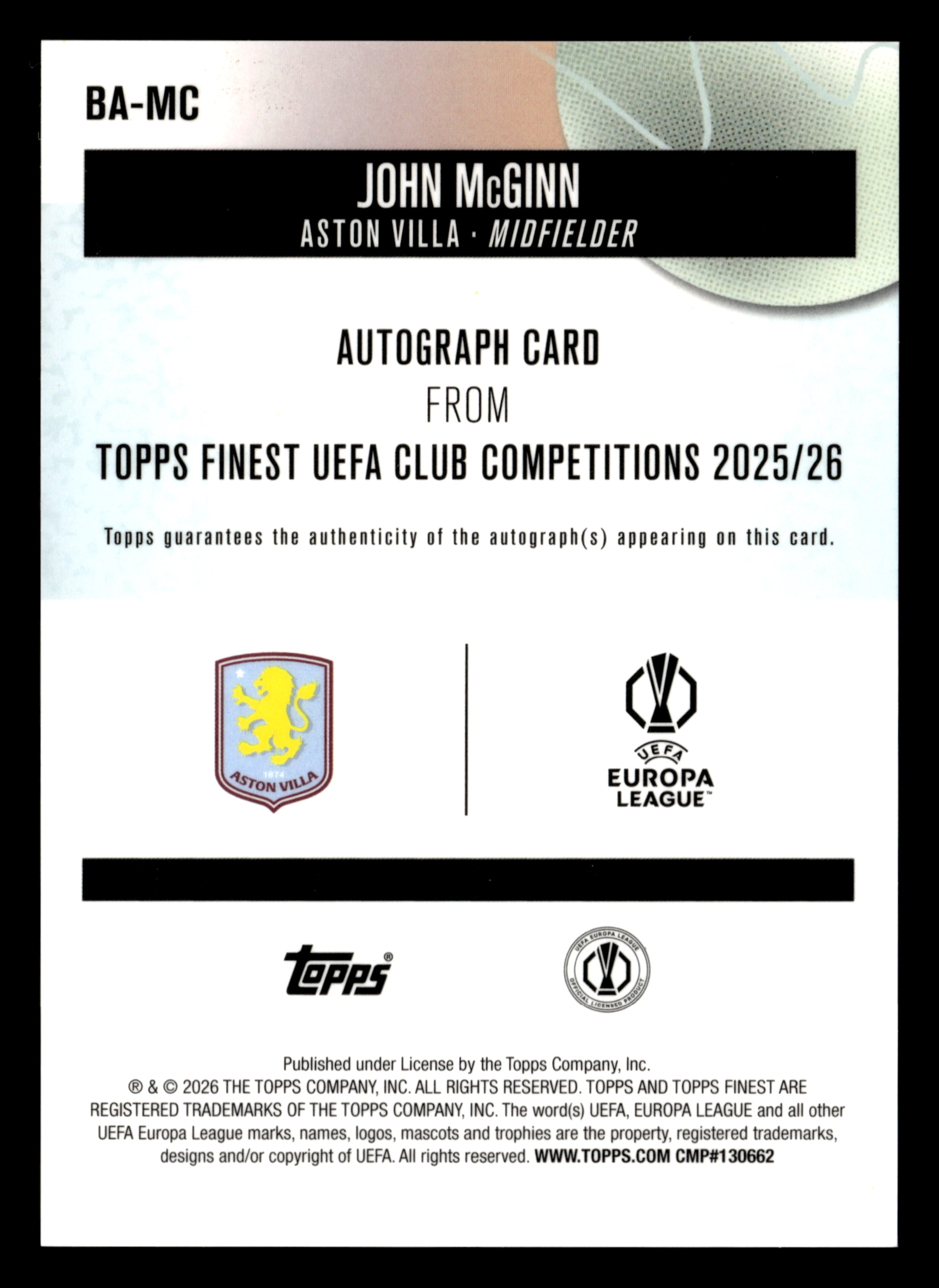2025-26 Finest UCC #BA-MC John McGinn Base Autographs Aqua Refractor #/199