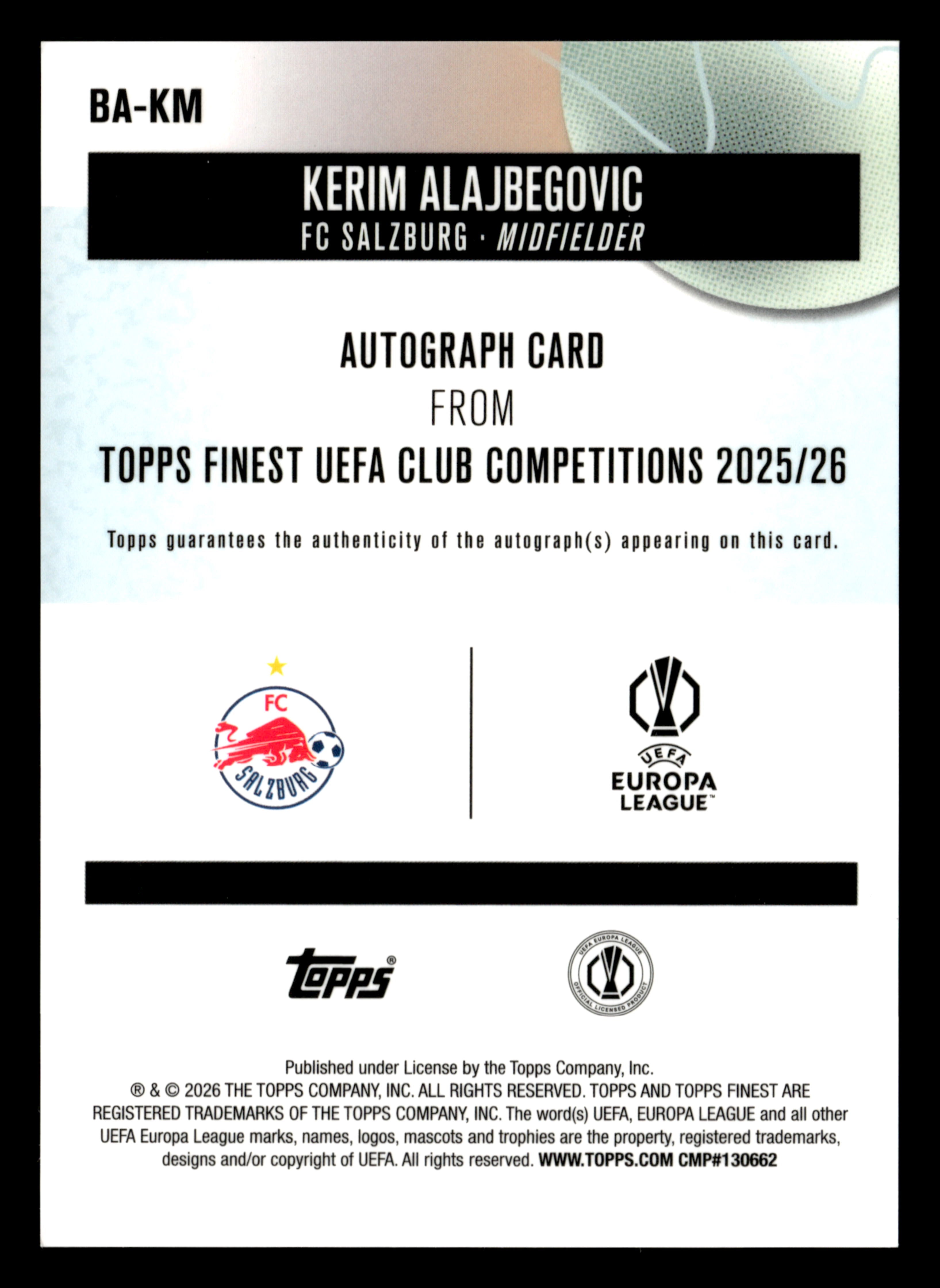 2025-26 Finest UEFA Club Competitions #BA-KM Kerim Alajbegovic Base Autographs