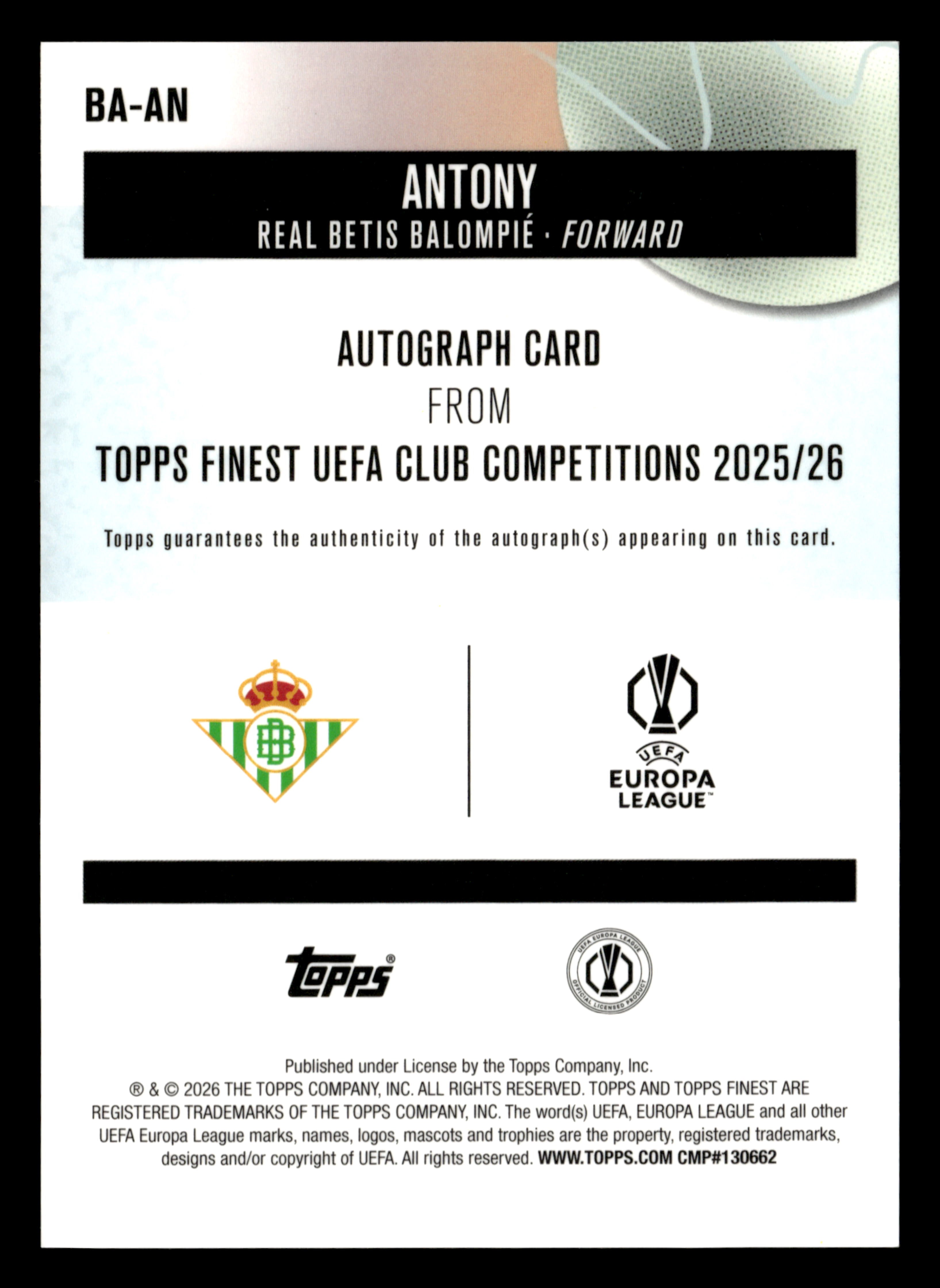2025-26 Finest UCC #BA-AN Antony Base Autographs Purple Wave Refractor #/75