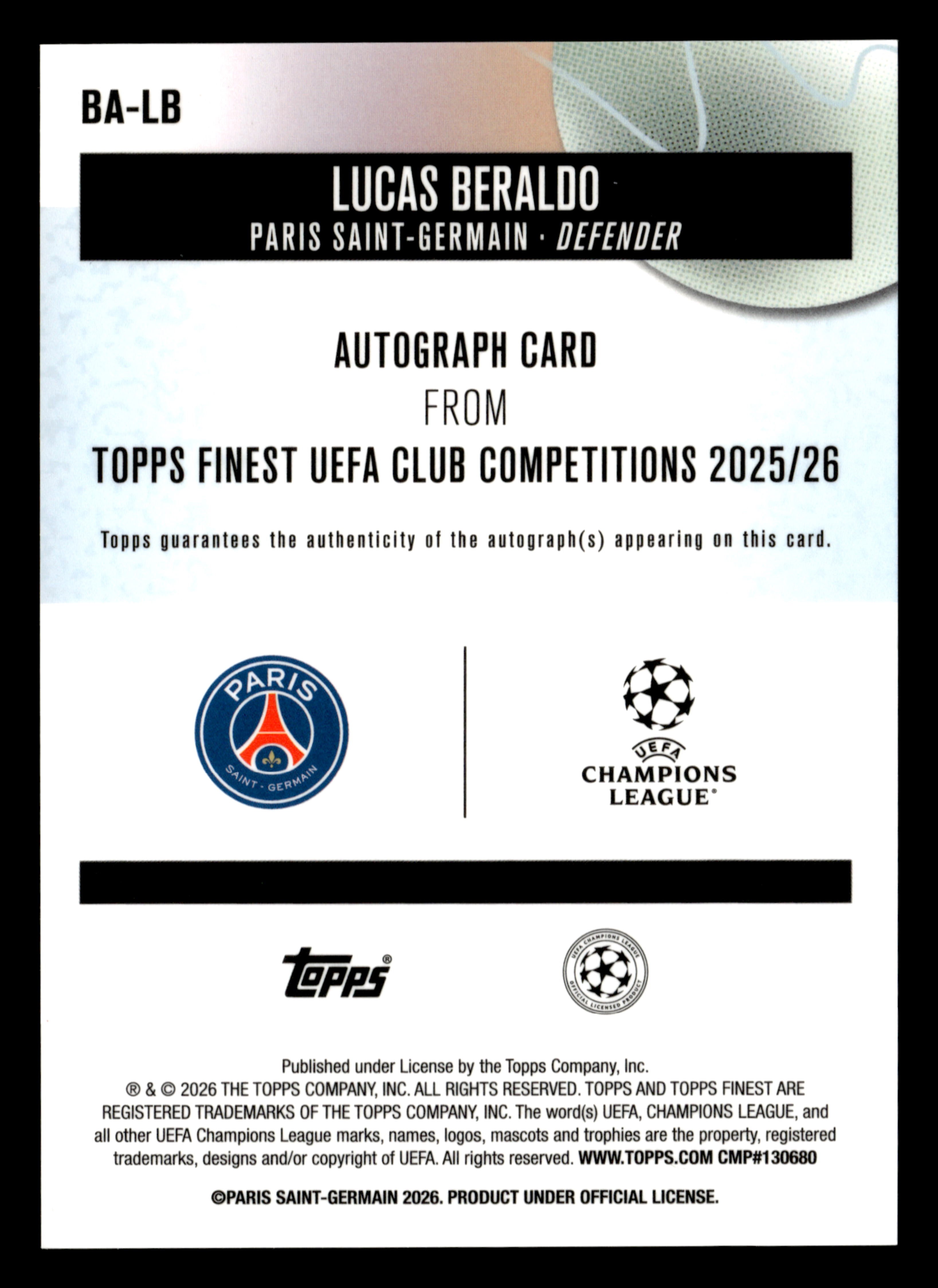 2025-26 Finest UCC #BA-LB Lucas Beraldo Base Autographs Pink Refractor #/250
