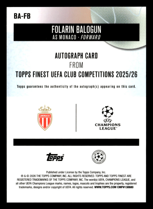 2025-26 Finest UEFA Club Competitions #BA-FB Folarin Balogun Base Autographs