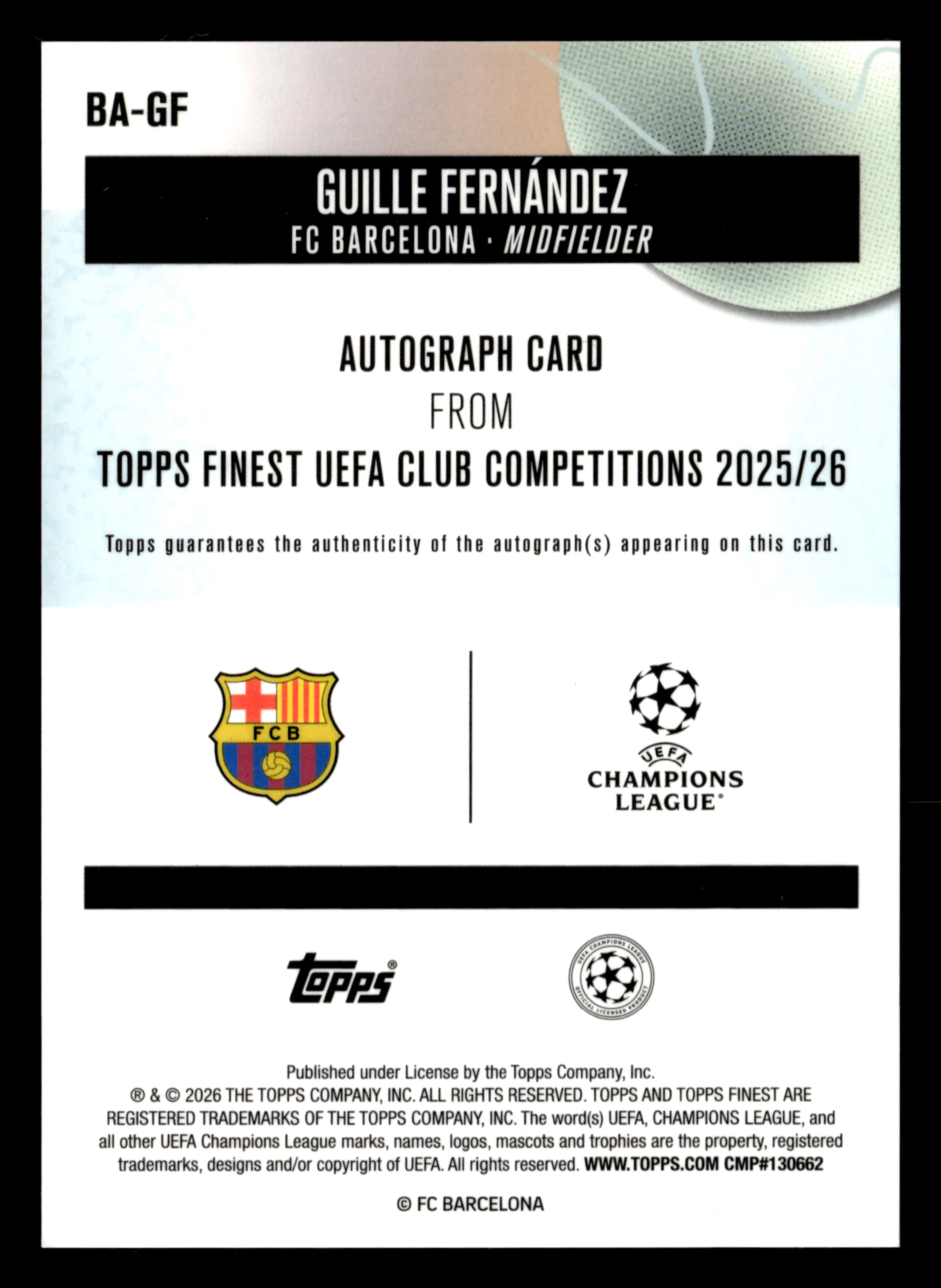 2025-26 Finest UEFA Club Competitions #BA-GF Guille Fernández Base Autographs