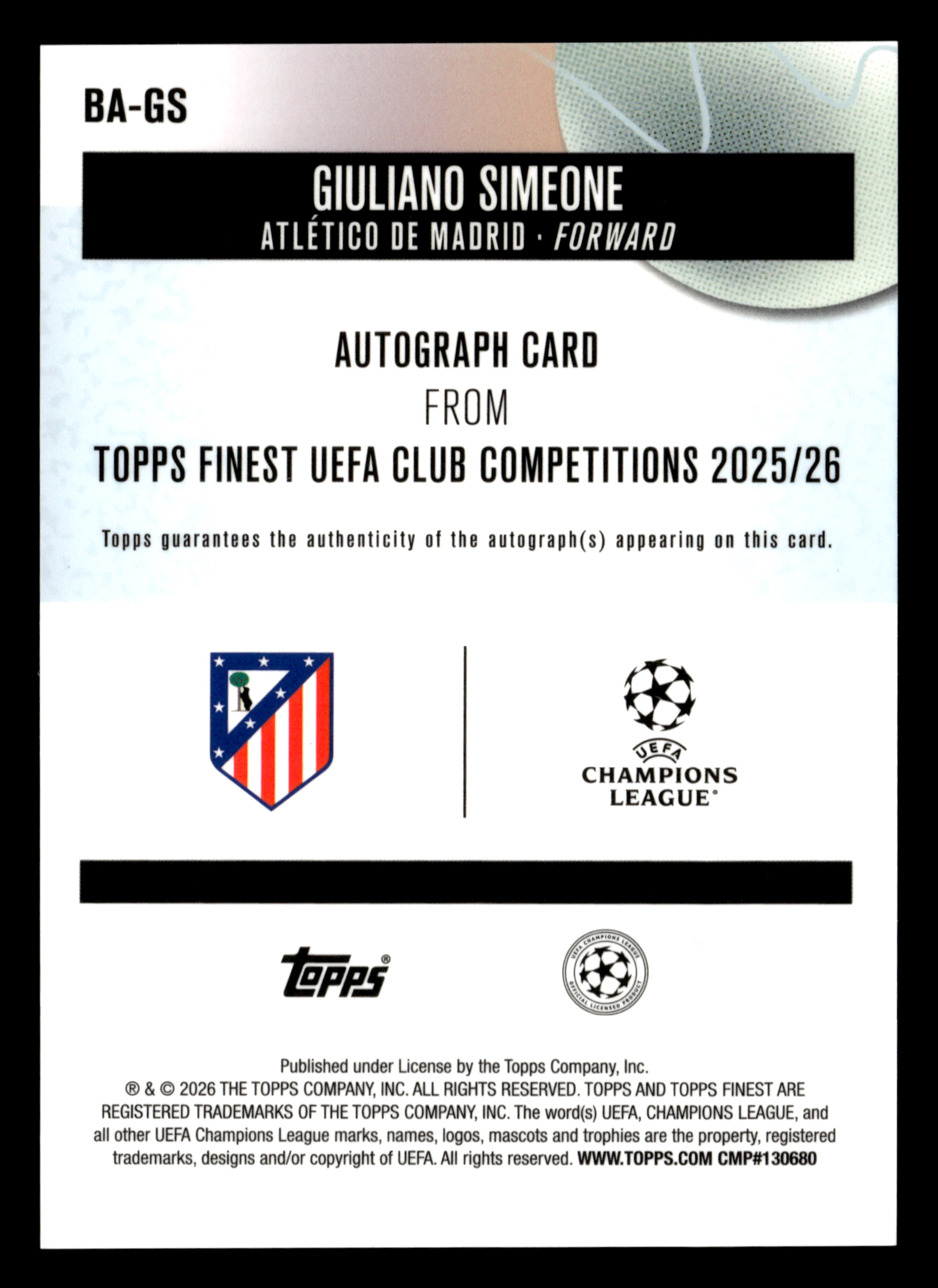2025-26 Finest UEFA Club Competitions #BA-GS Giuliano Simeone Base Autographs