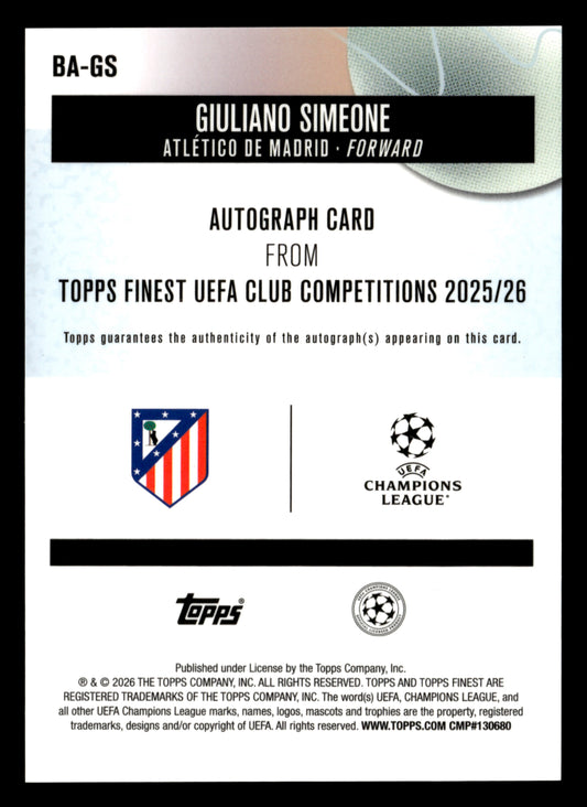 2025-26 Finest UEFA Club Competitions #BA-GS Giuliano Simeone Base Autographs