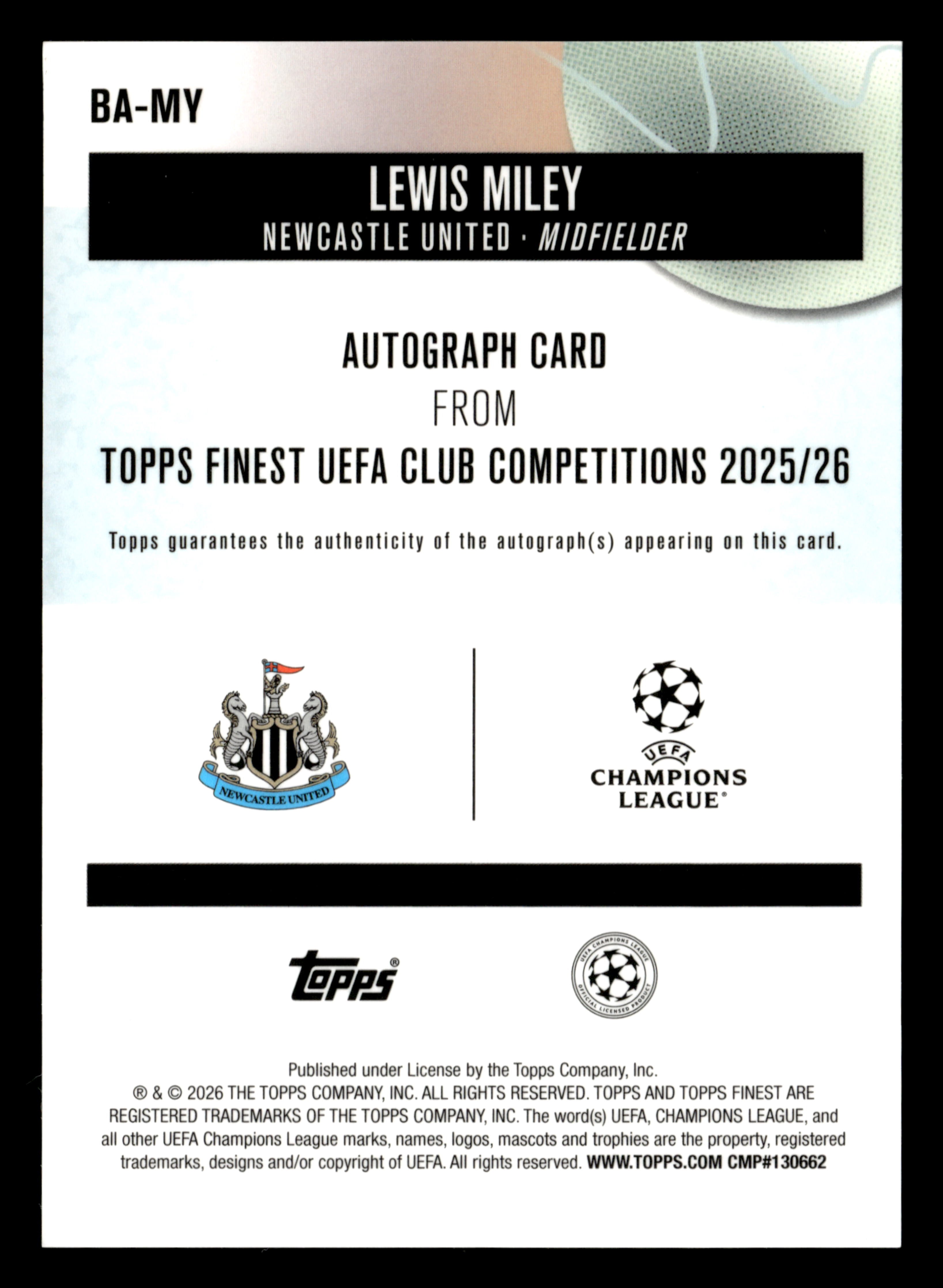 2025-26 Finest UEFA Club Competitions #BA-MY Lewis Miley Base Autographs