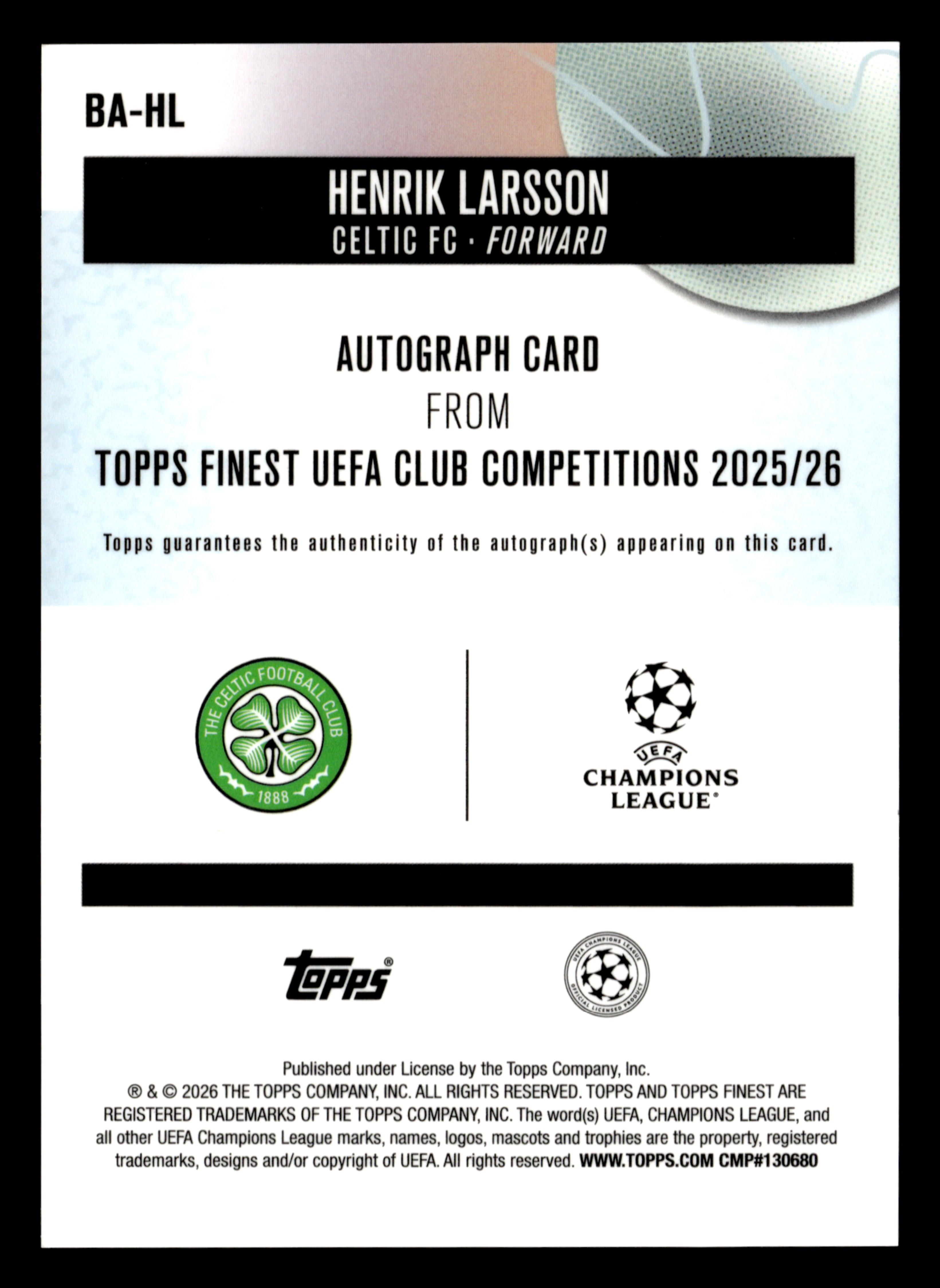 2025-26 Finest UCC #BA-HL Henrik Larsson Base Auto Orange Wave Refractor #/25