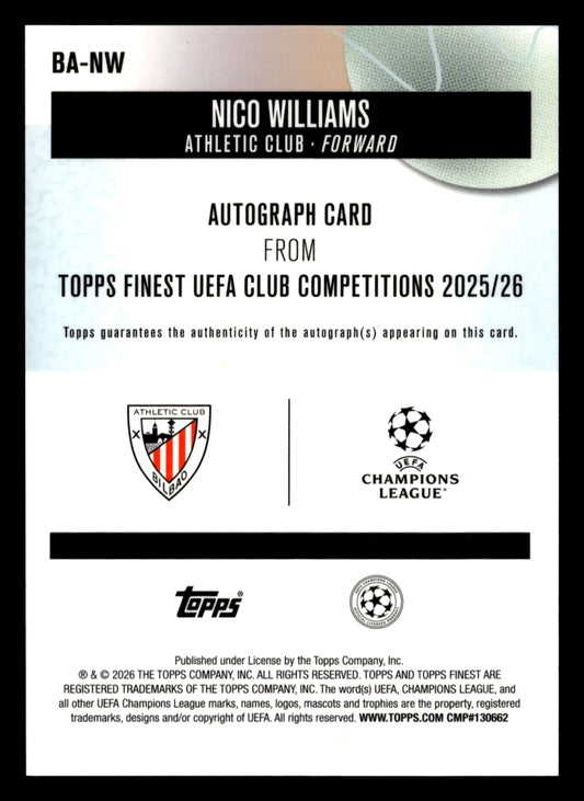 2025-26 Finest UCC #BA-NW Nico Williams Base Autographs Aqua Refractor #/199