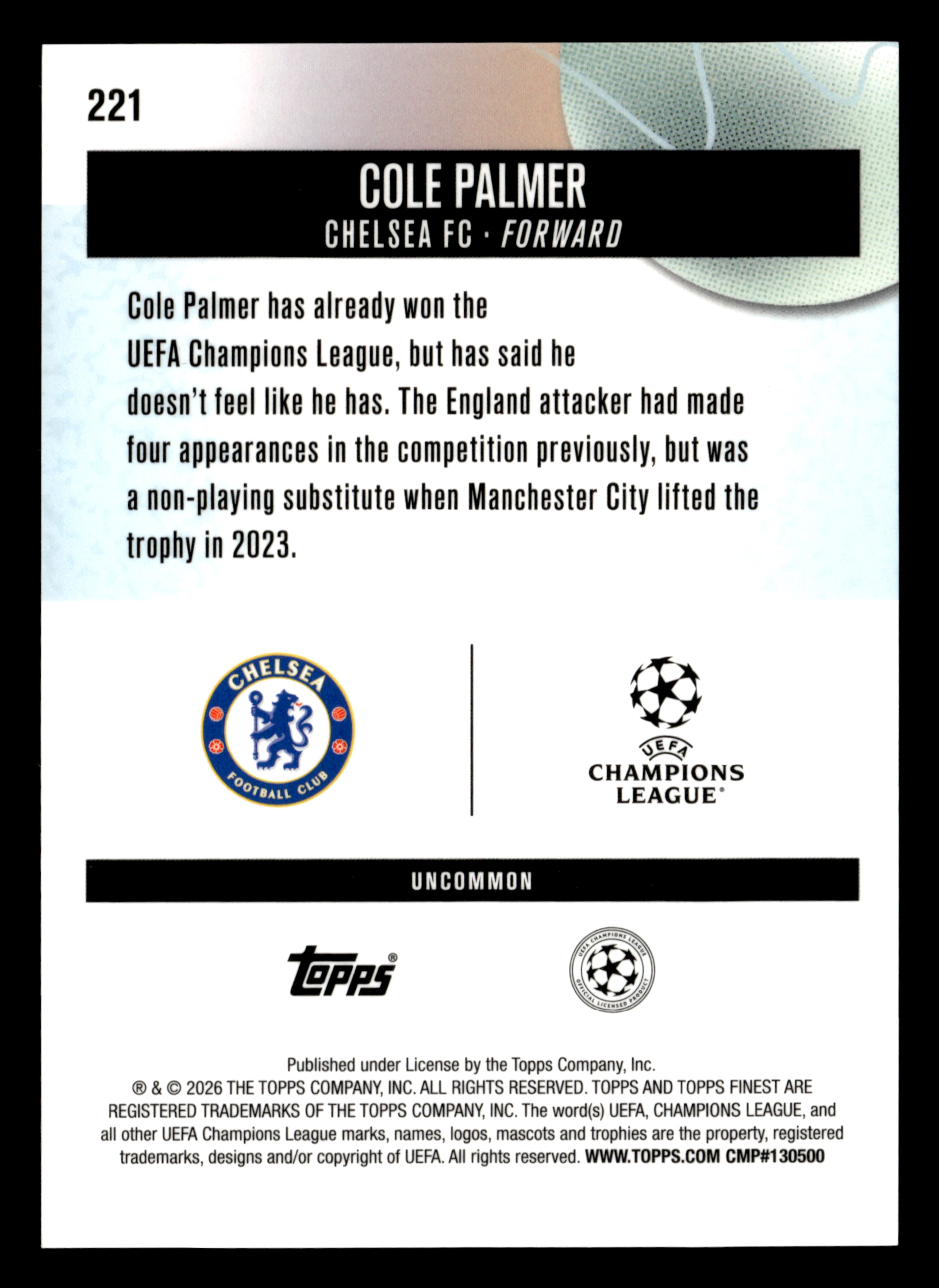 2025-26 Finest UEFA Club Competitions #221 Cole Palmer Blue Refractor #/150