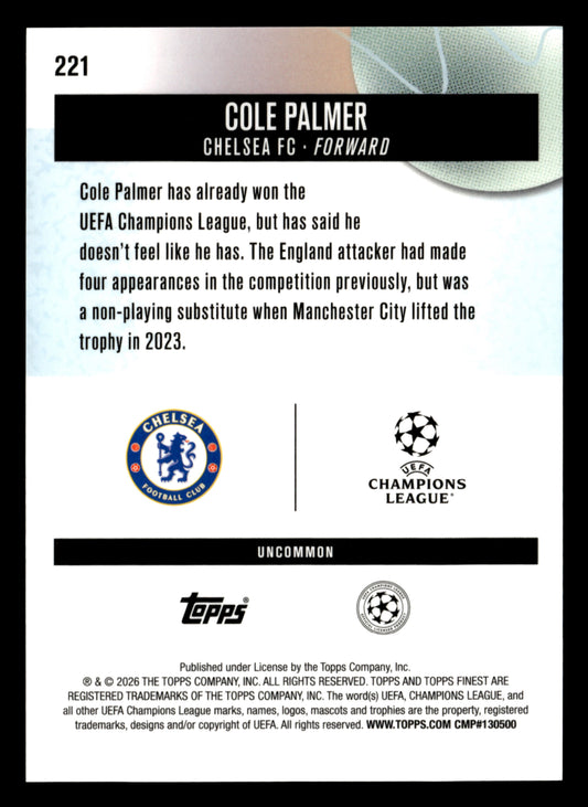 2025-26 Finest UEFA Club Competitions #221 Cole Palmer Blue Refractor #/150