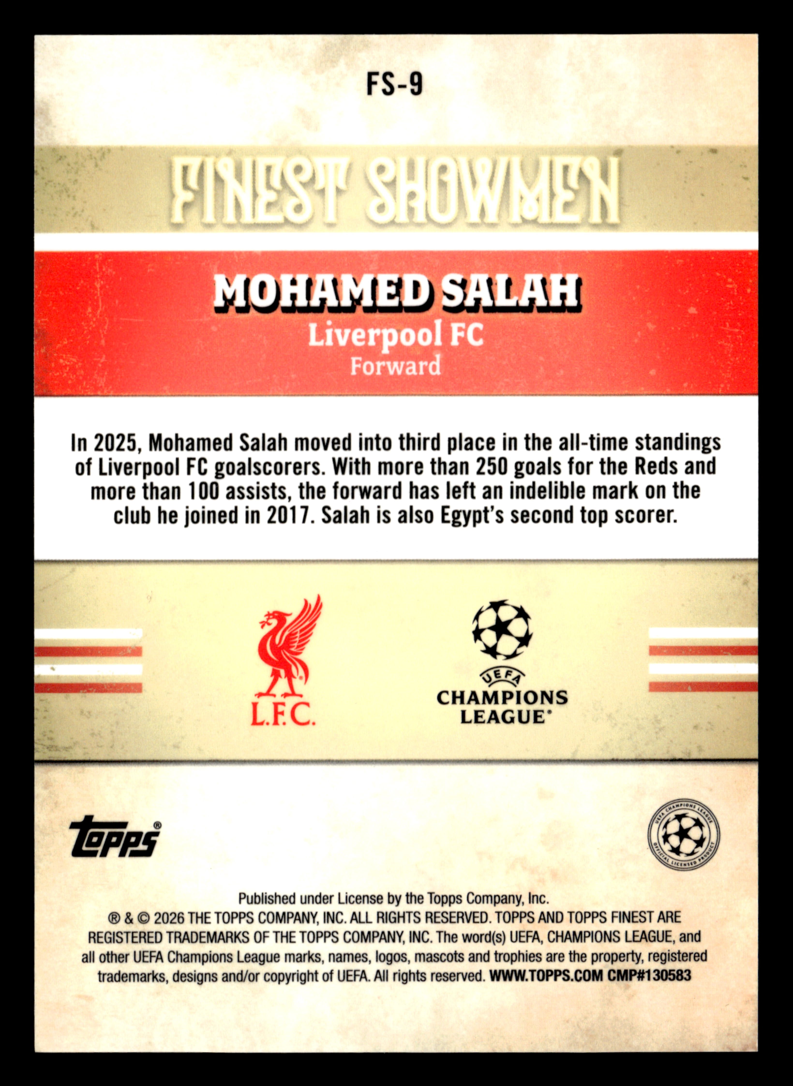 2025-26 Finest UCC #FS-9 Mohamed Salah Finest Showmen Purple Refractor #/75