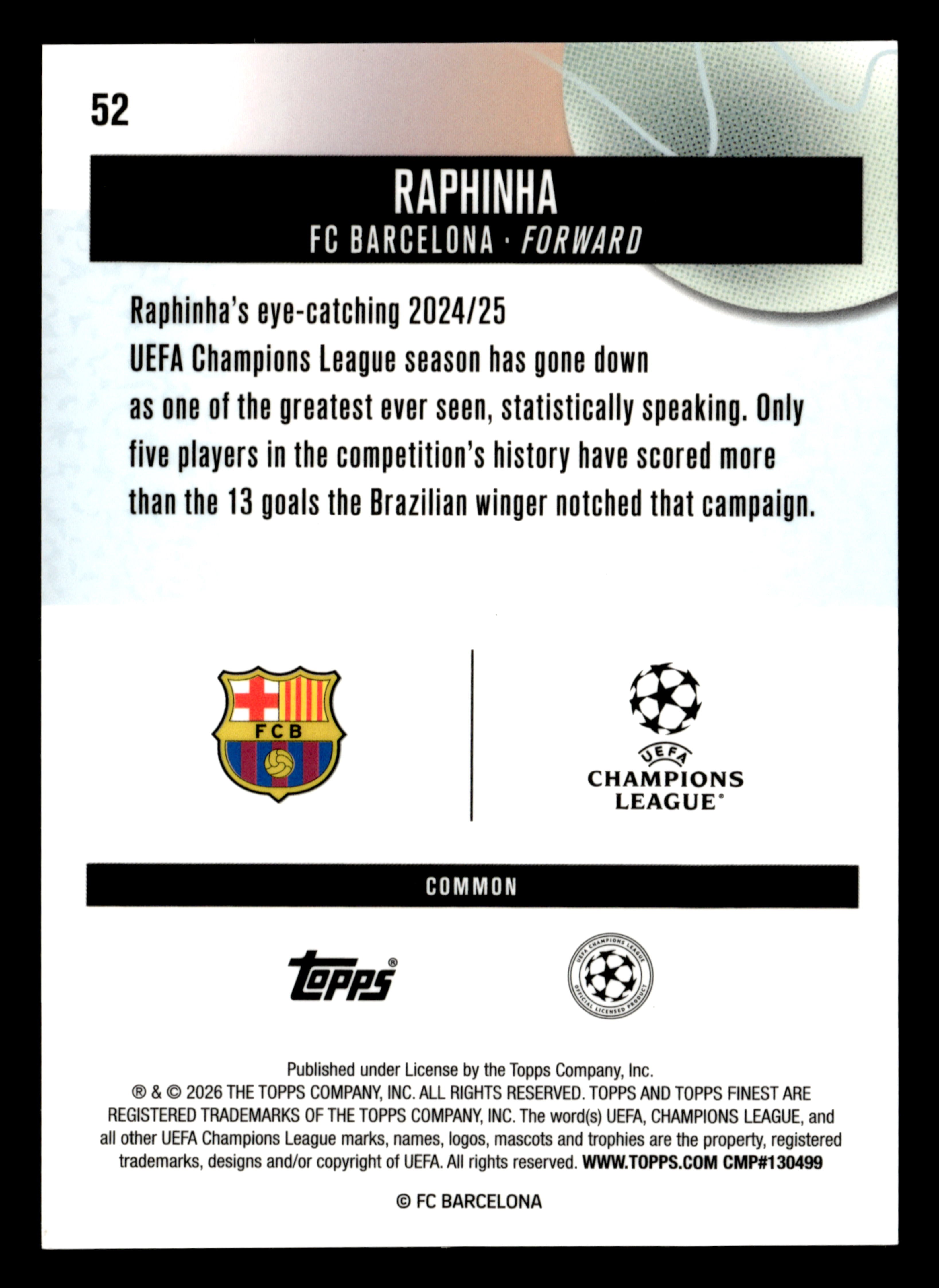 2025-26 Finest UEFA Club Competitions #52 Raphinha Blue Refractor #/200