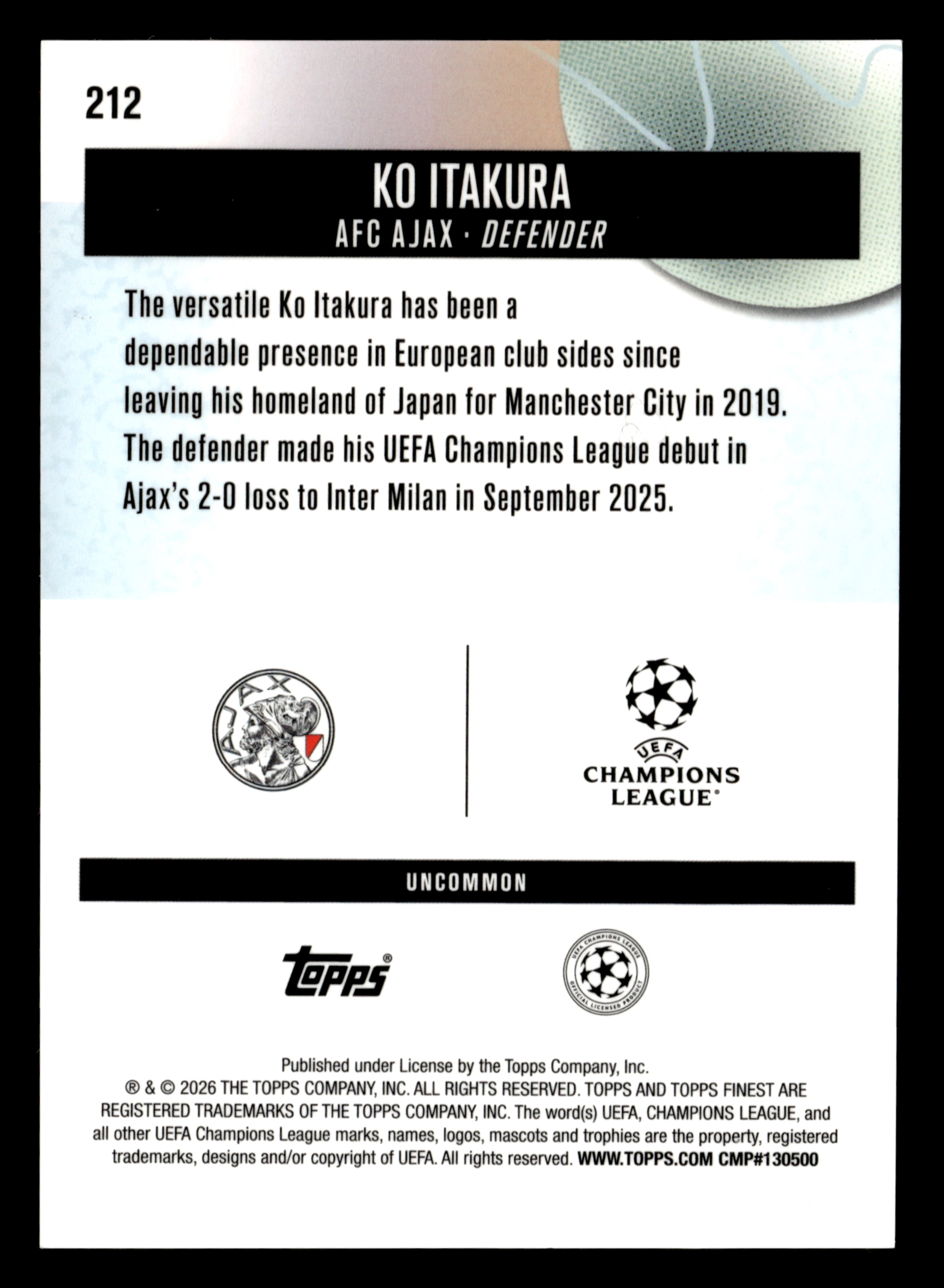 2025-26 Finest UEFA Club Competitions #212 Ko Itakura Black Refractor #/15