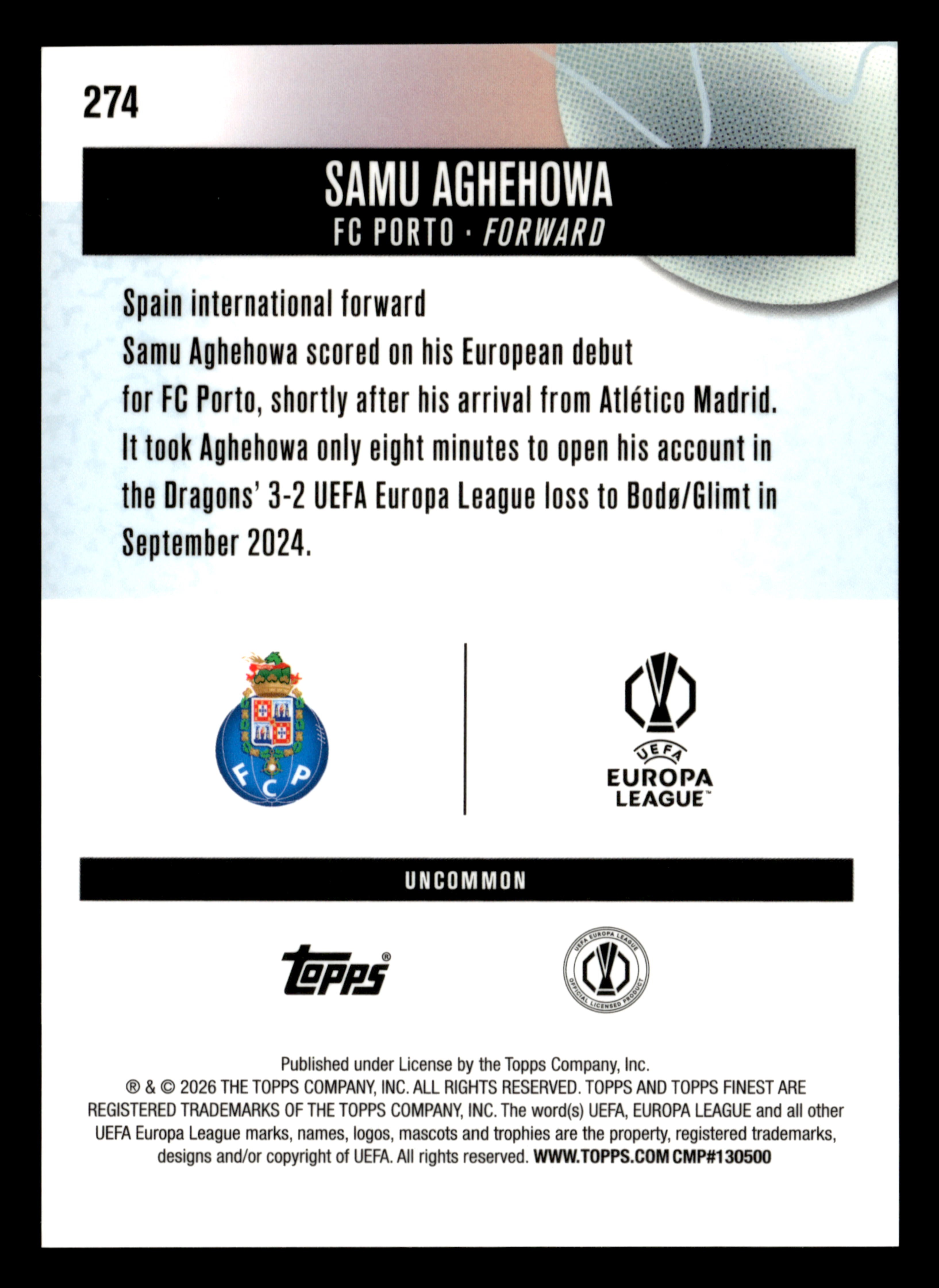 2025-26 Finest UEFA Club Competitions #274 Samu Aghehowa Blue Refractor #/150