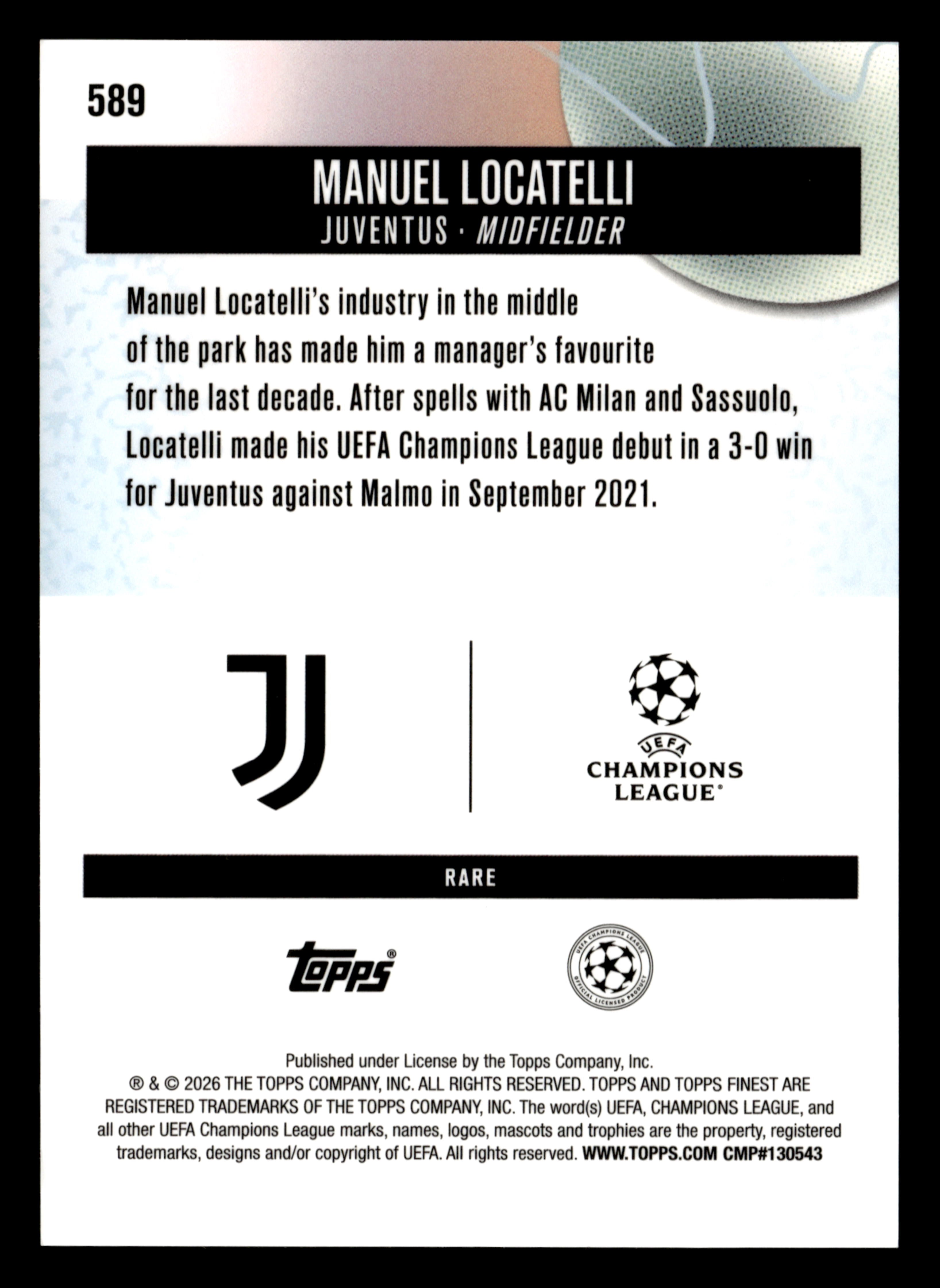 2025-26 Finest UEFA Club Competitions #589 Manuel Locatelli Blue Refractor #/99