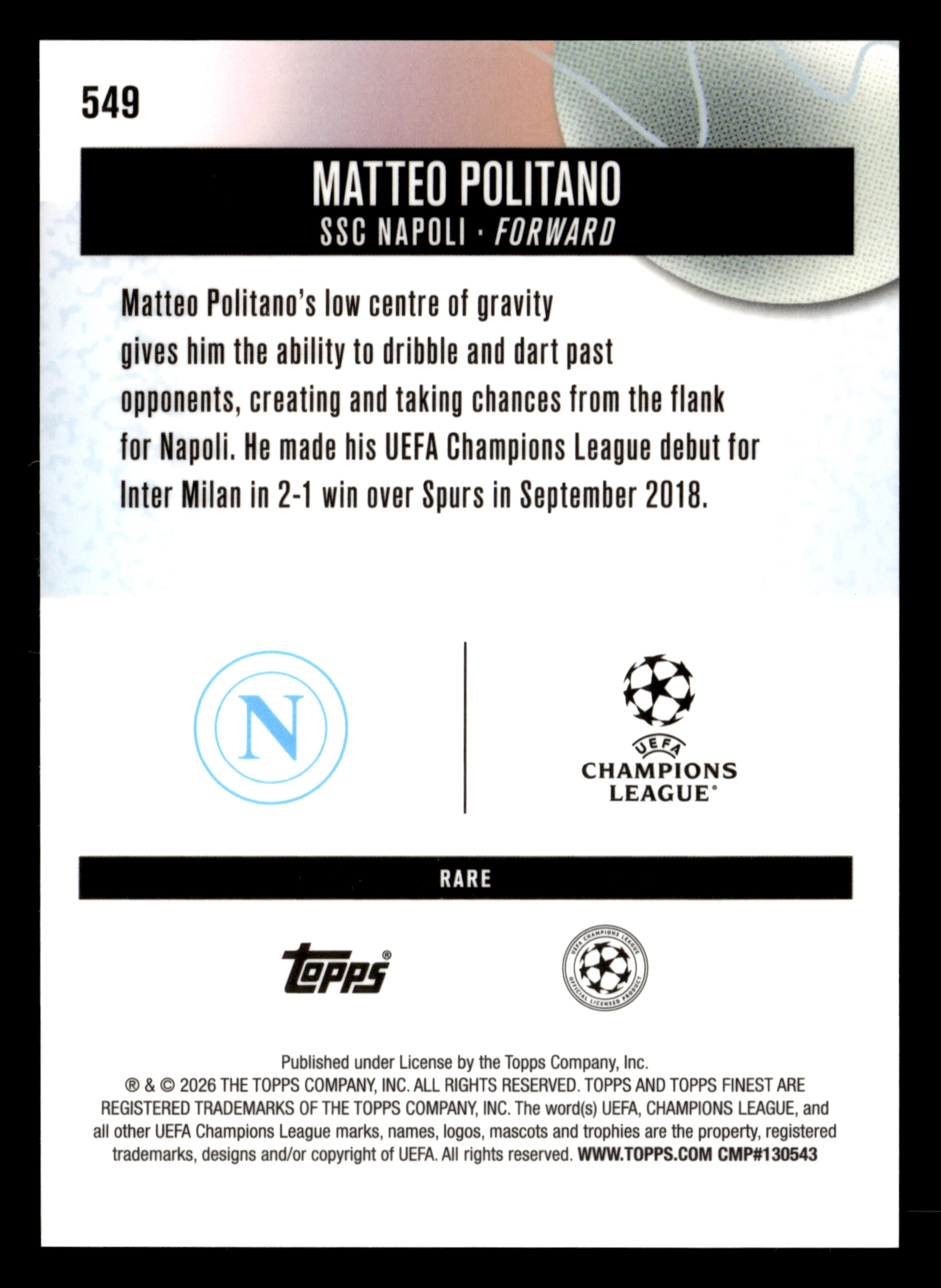 2025-26 Finest UCC #549 Matteo Politano Pearl Checkerboard Refractor #/30