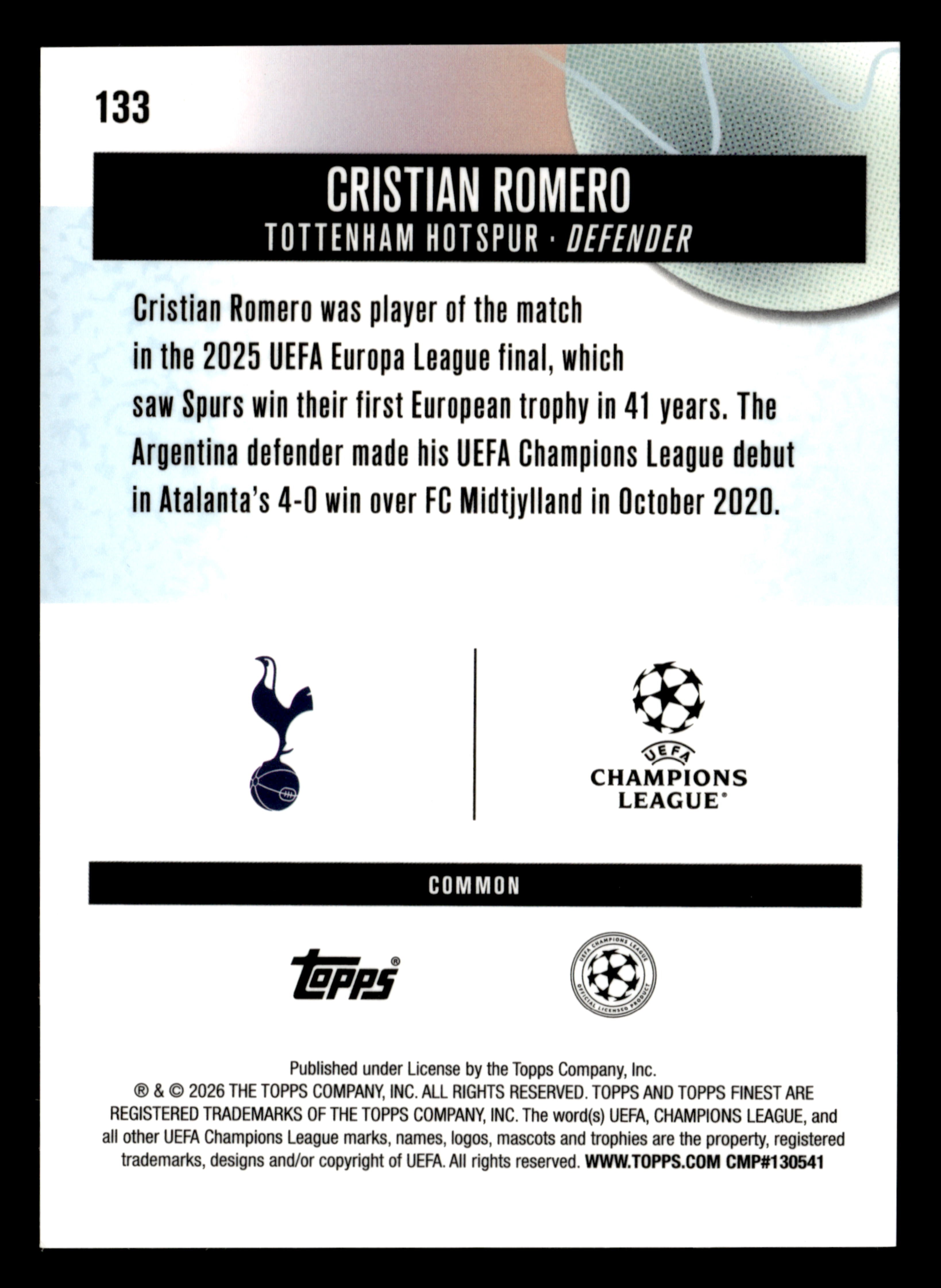 2025-26 Finest UEFA Club Competitions #133 Cristian Romero Blue Refractor #/200