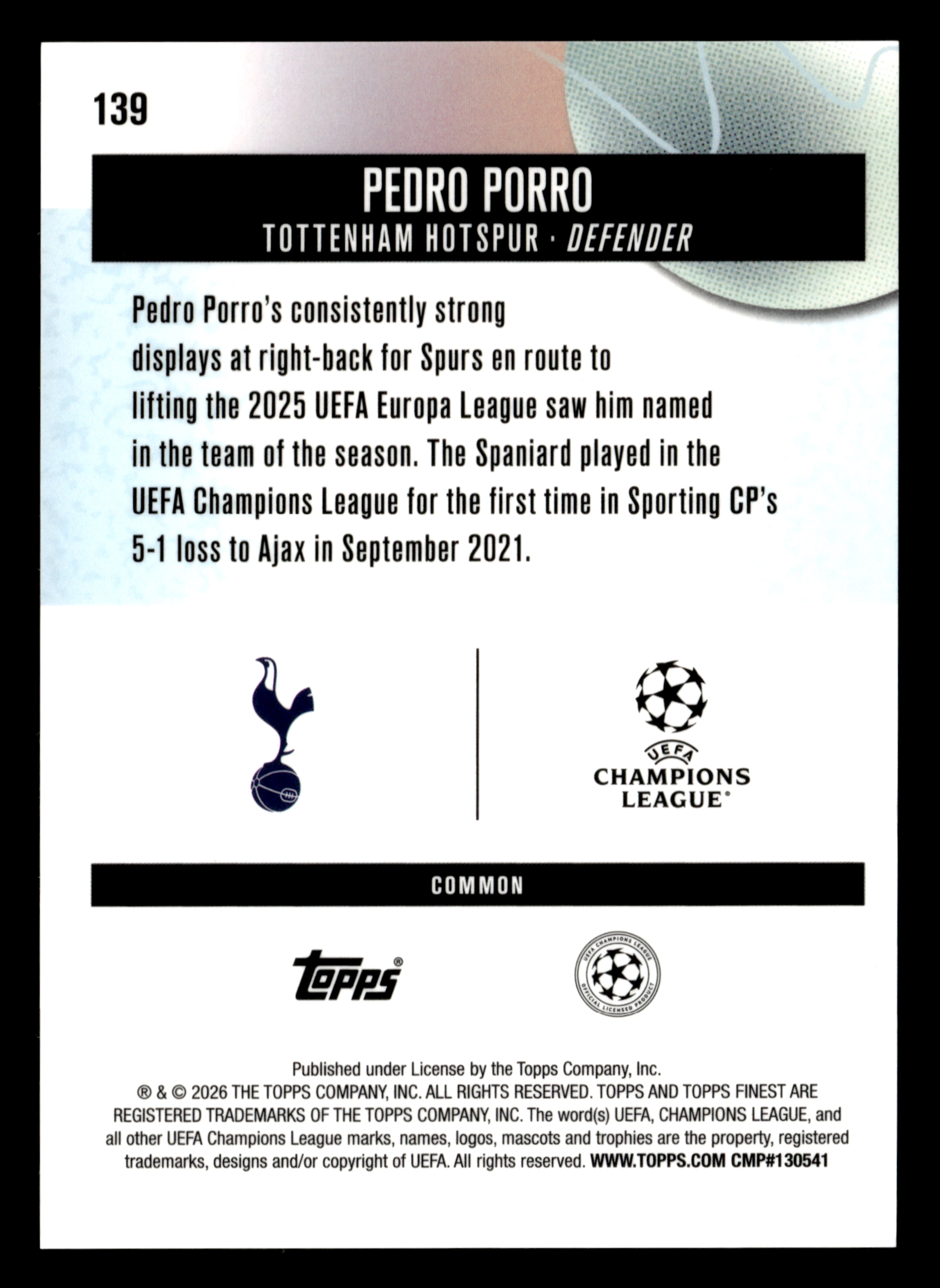 2025-26 Finest UEFA Club Competitions #139 Pedro Porro Black Refractor #/20