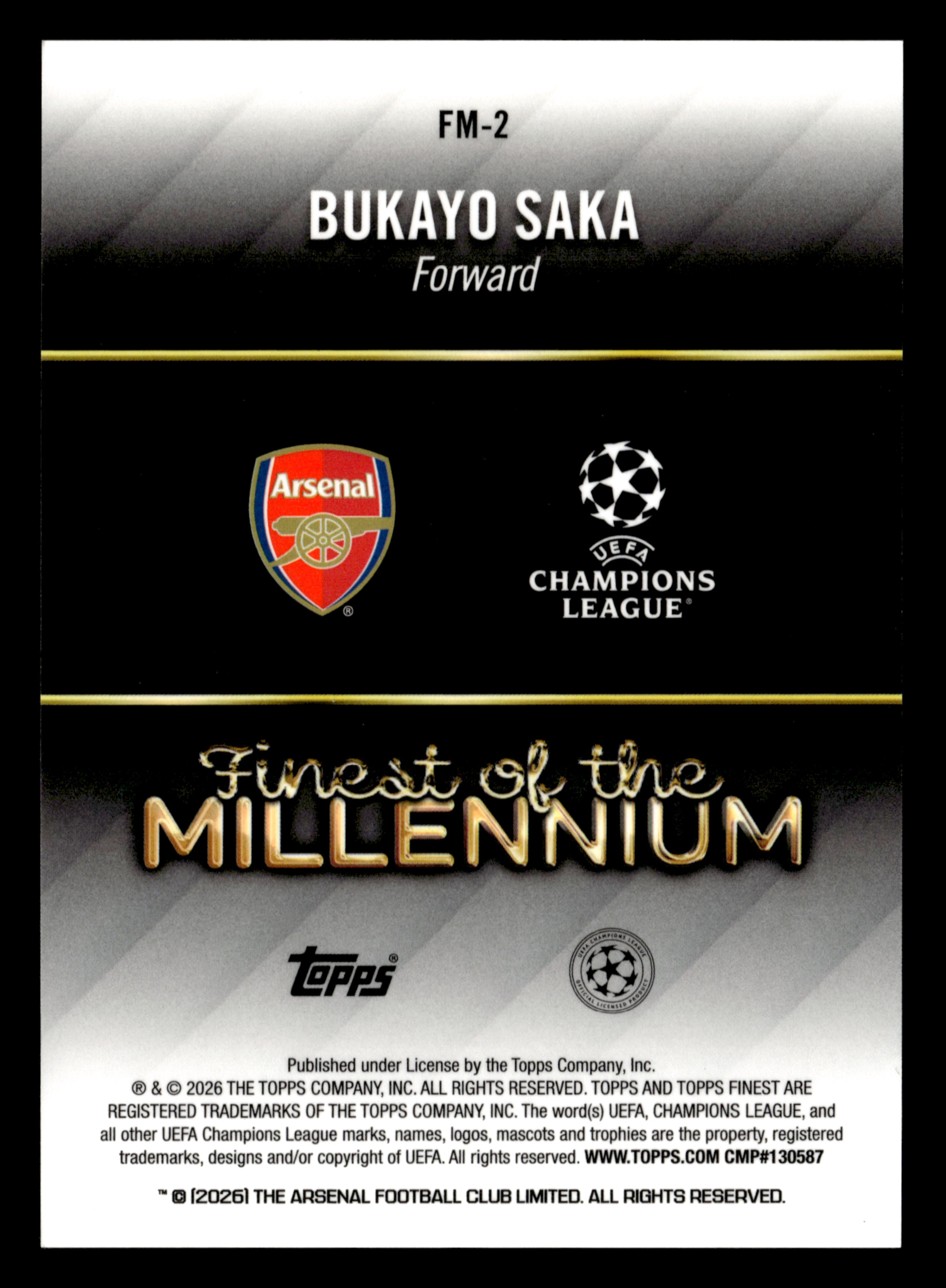 2025-26 Finest UCC #FM-2 Bukayo Saka Finest of the Millennium Aqua #/199