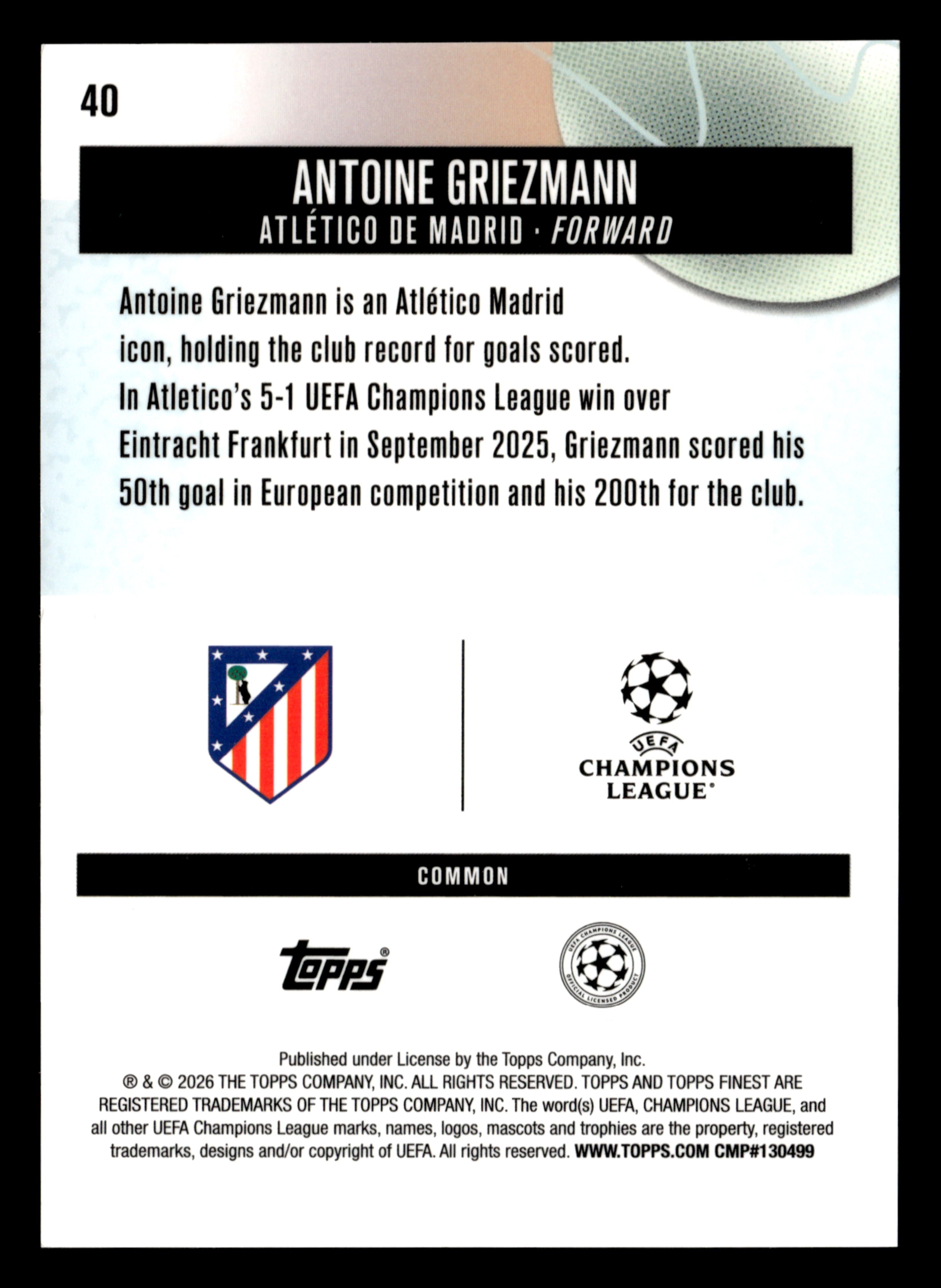 2025-26 Finest UEFA Club Competitions #40 Antoine Griezmann Blue Refractor #/200