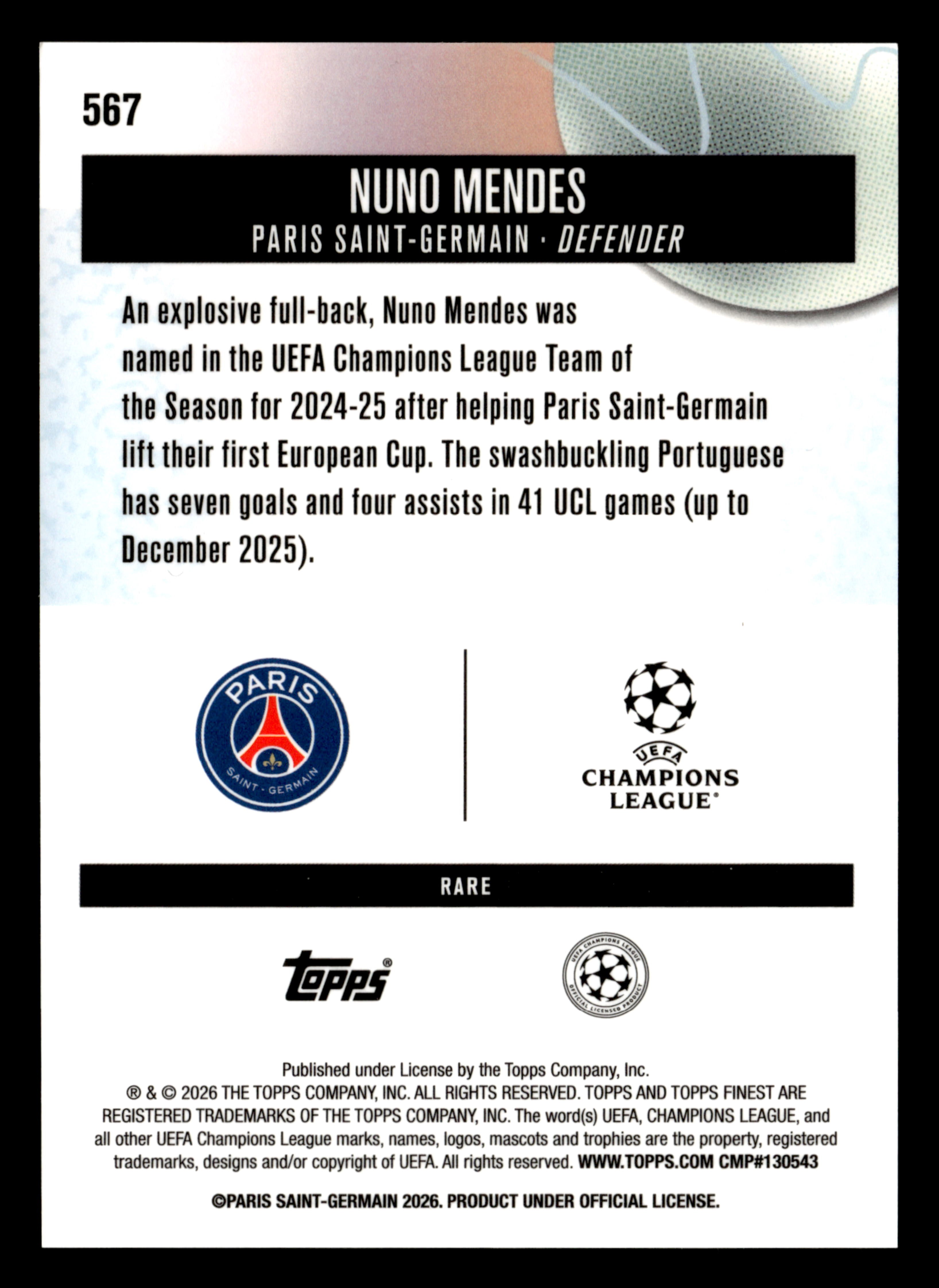 2025-26 Finest UEFA Club Competitions #567 Nuno Mendes Blue Refractor #/99