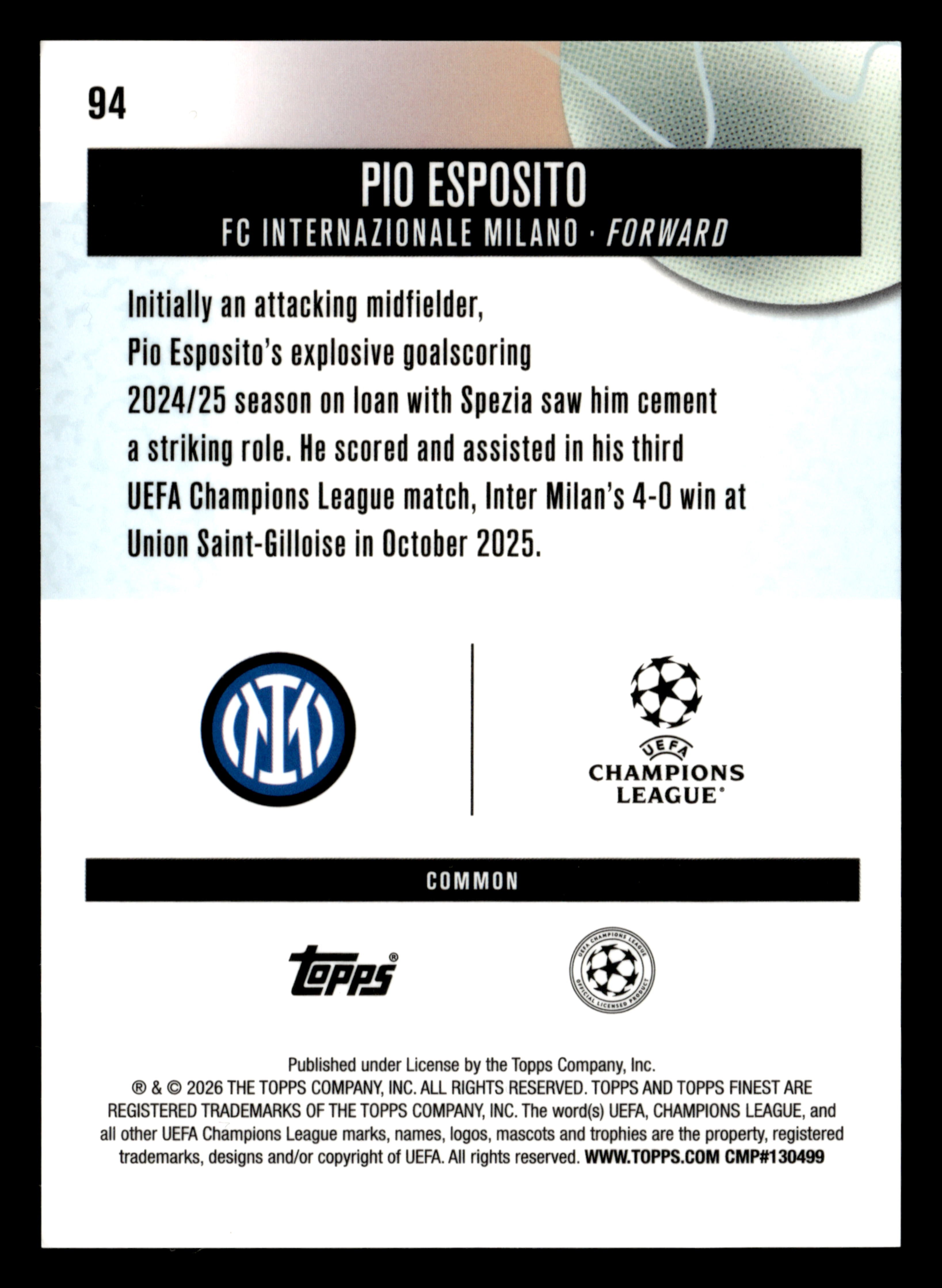 2025-26 Finest UEFA Club Competitions #94 Pio Esposito Green Refractor #/75