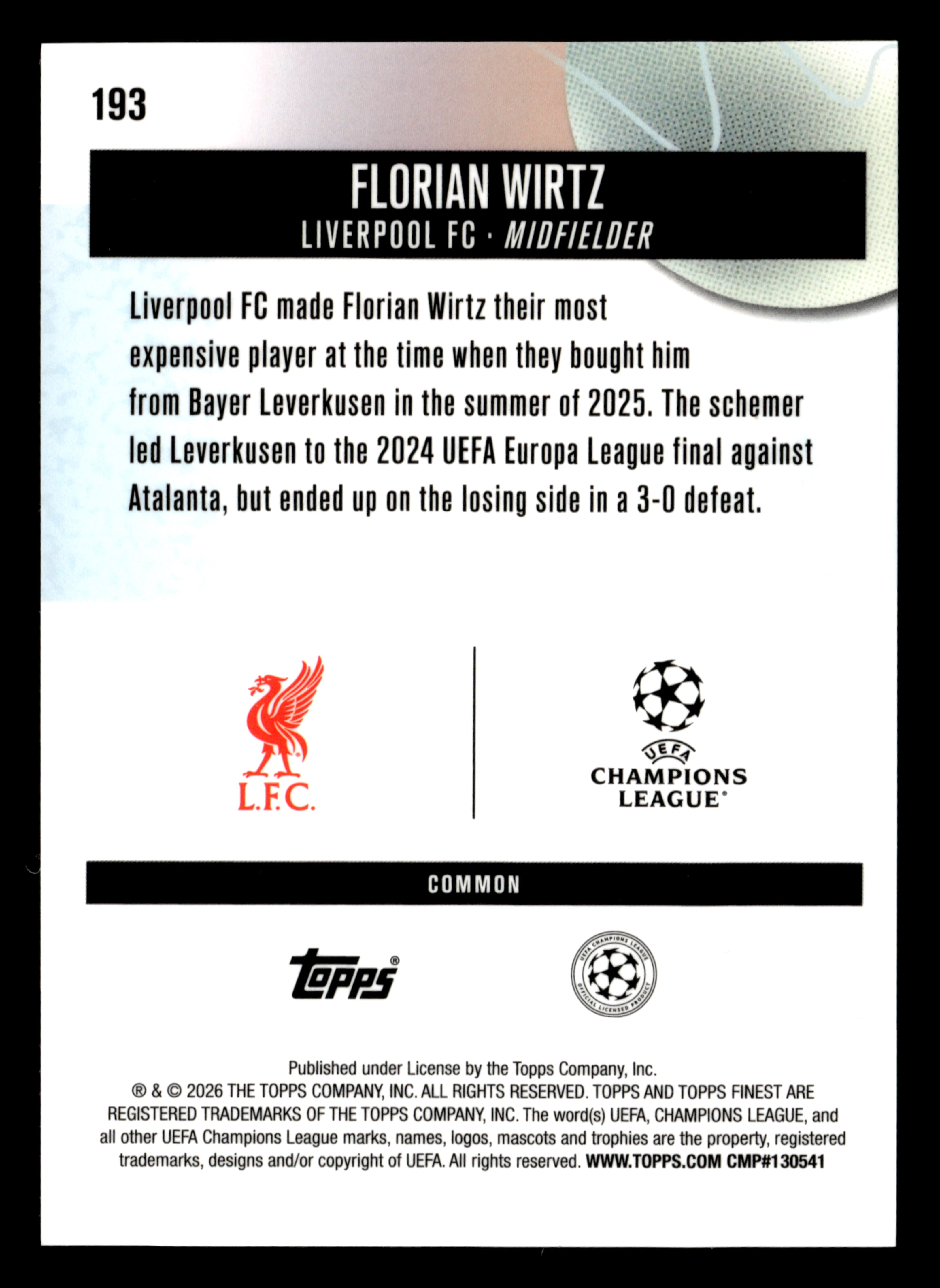 2025-26 Finest UEFA Club Competitions #193 Florian Wirtz Gold Refractor #/50
