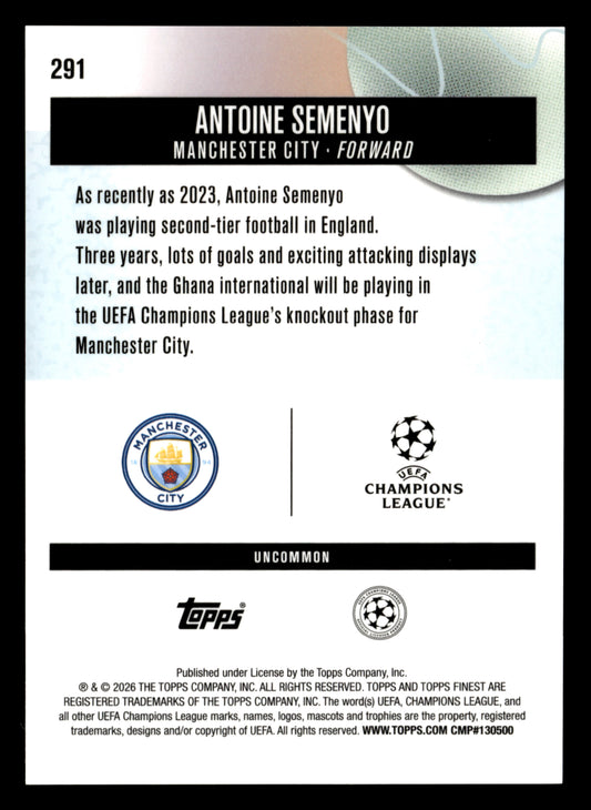 2025-26 Finest UEFA Club Competitions #291 Antoine Semenyo Blue Refractor #/150