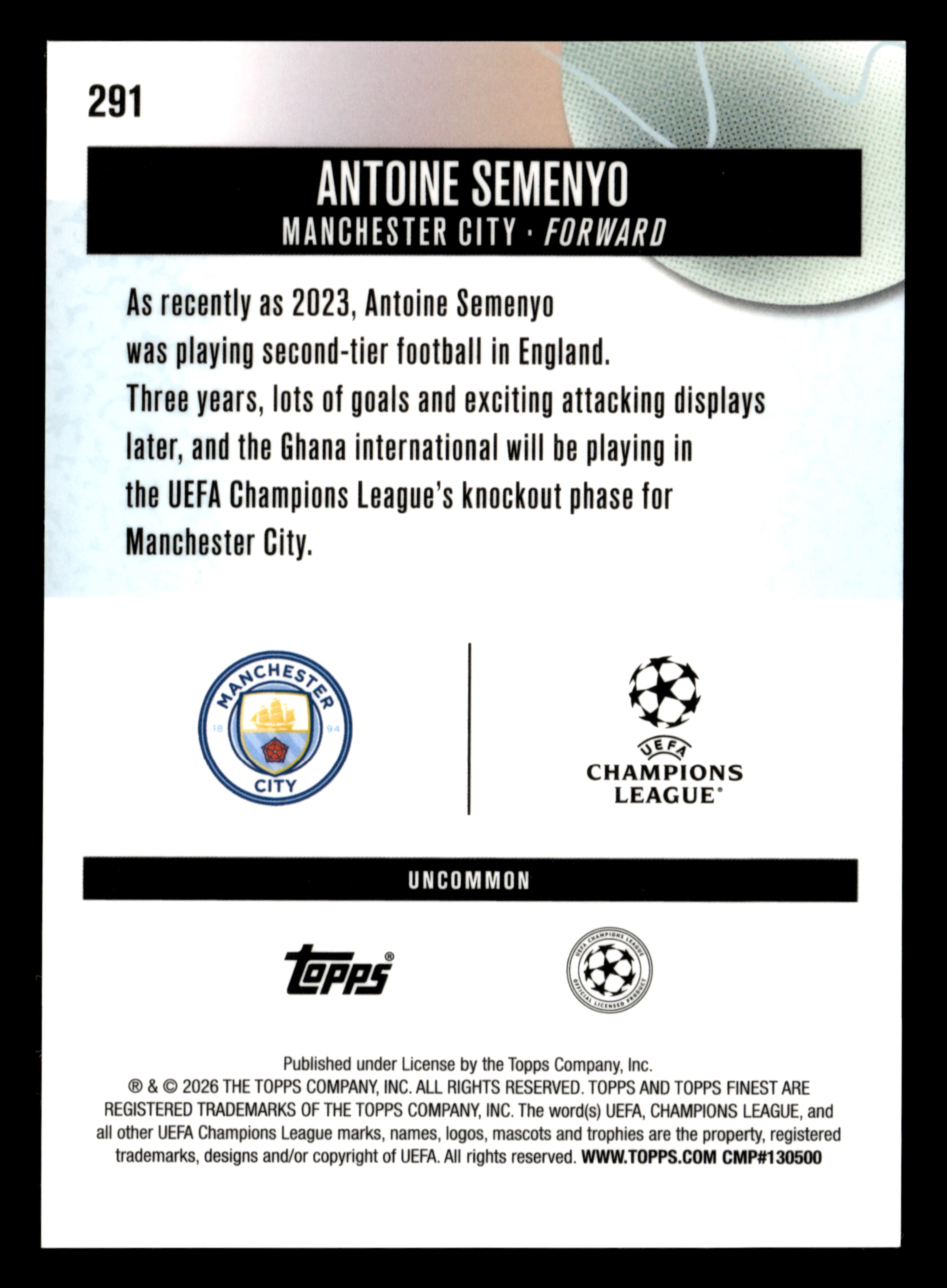2025-26 Finest UCC #291 Antoine Semenyo Blue Checkerboard Refractor #/75