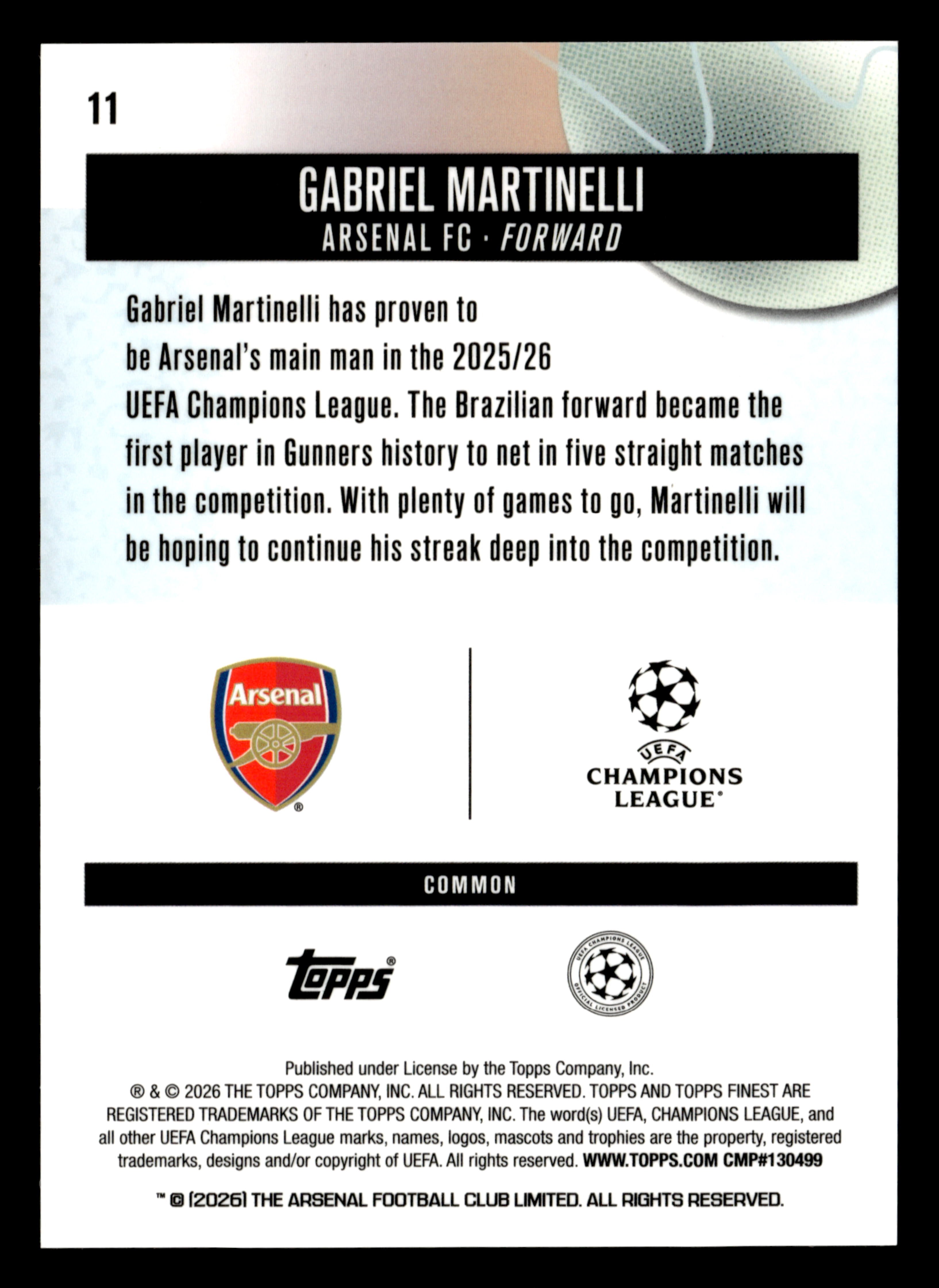 2025-26 Finest UCC #11 Gabriel Martinelli Blue Refractor #/200