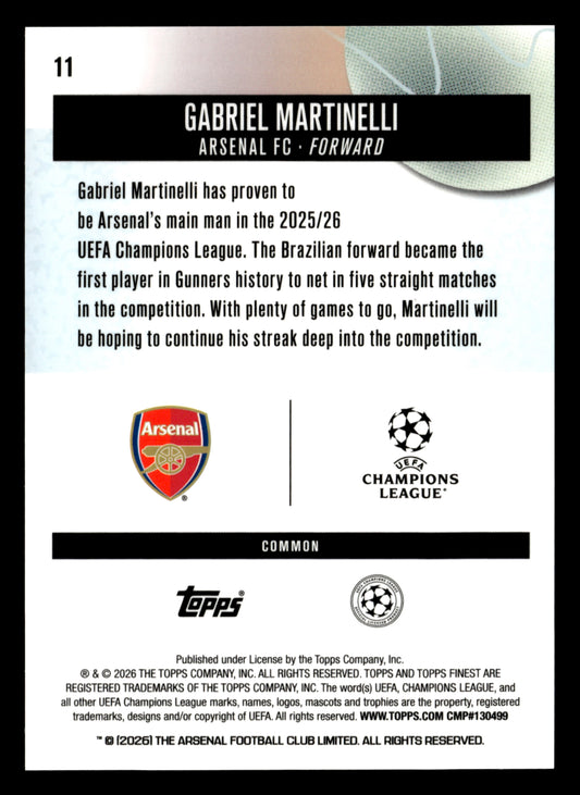 2025-26 Finest UCC #11 Gabriel Martinelli Blue Refractor #/200