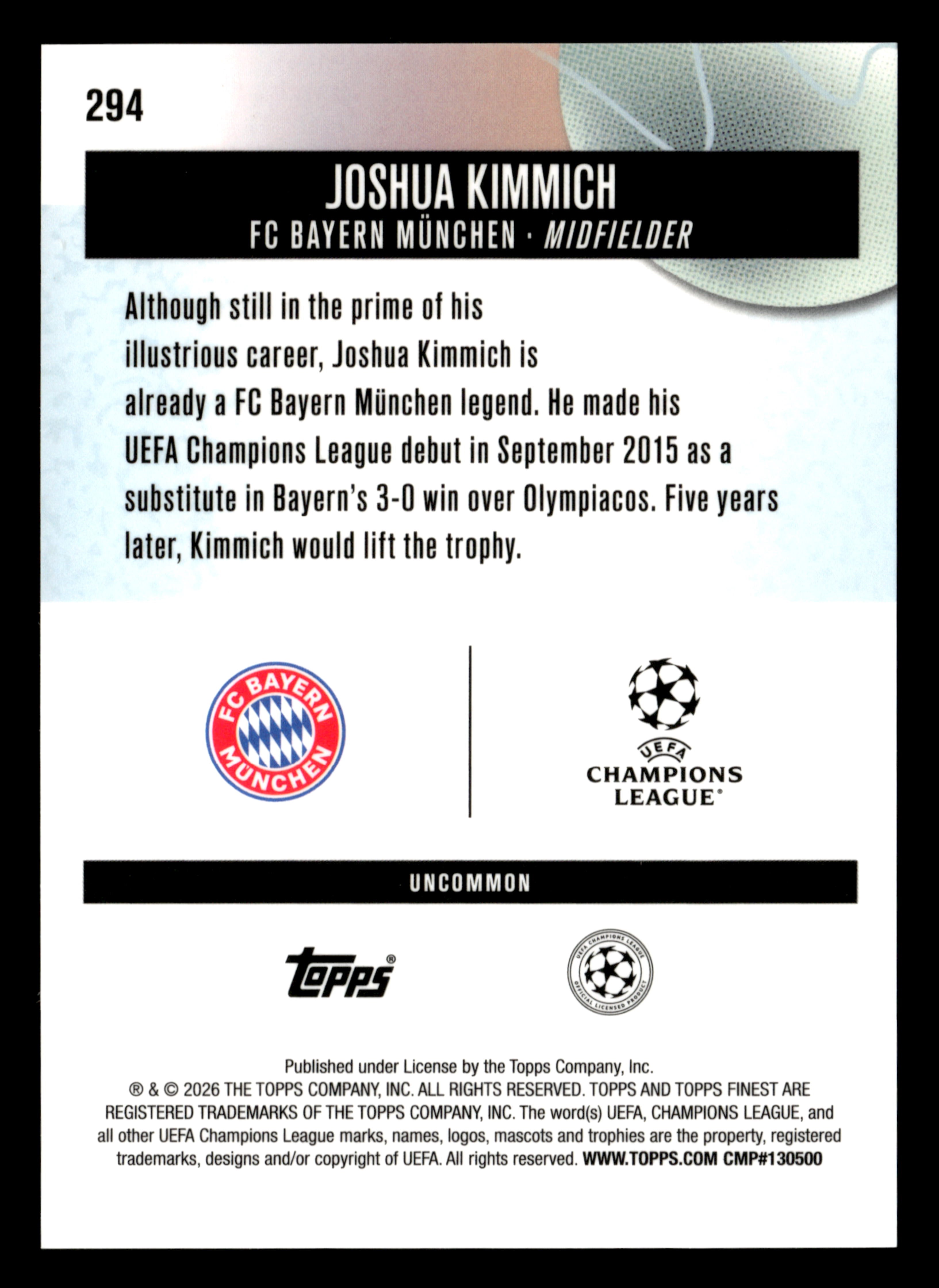 2025-26 Finest UEFA Club Competitions #294 Joshua Kimmich Blue Refractor #/150