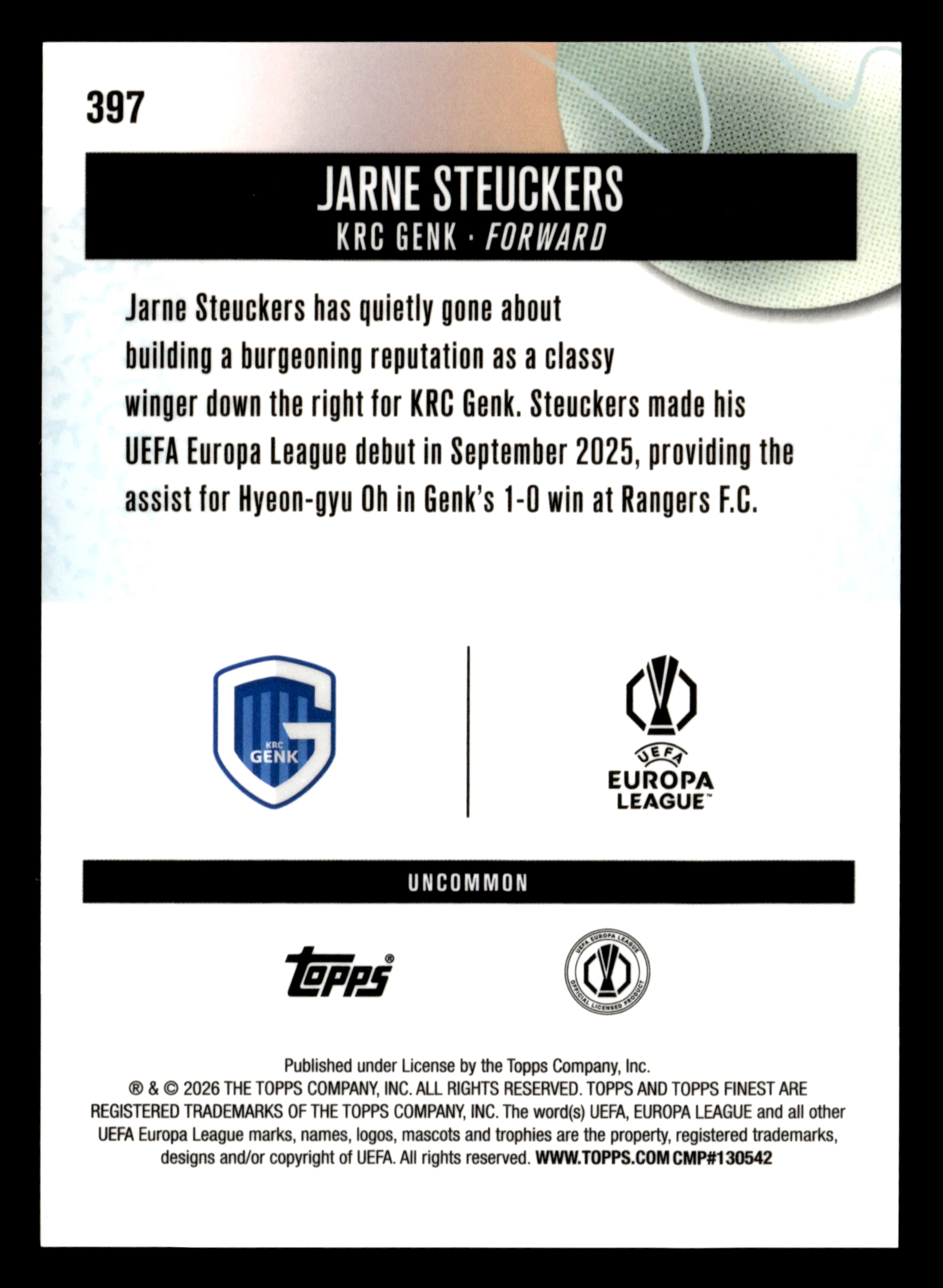 2025-26 Finest UEFA Club Competitions #397 Jarne Steuckers Orange Refractor #/20
