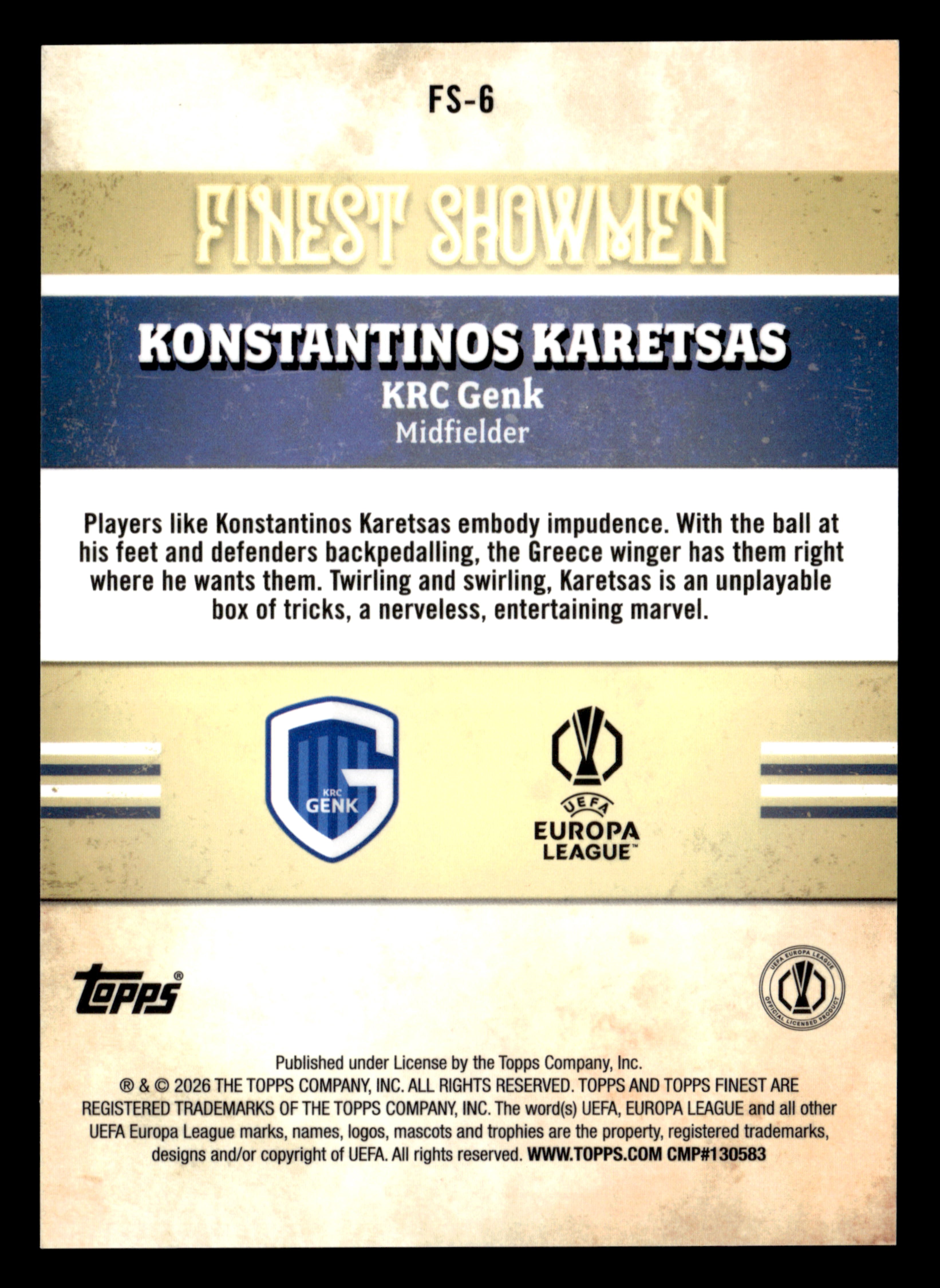 2025-26 Finest UCC #FS-6 Konstantinos Karetsas Showmen Gold Refractor #/50