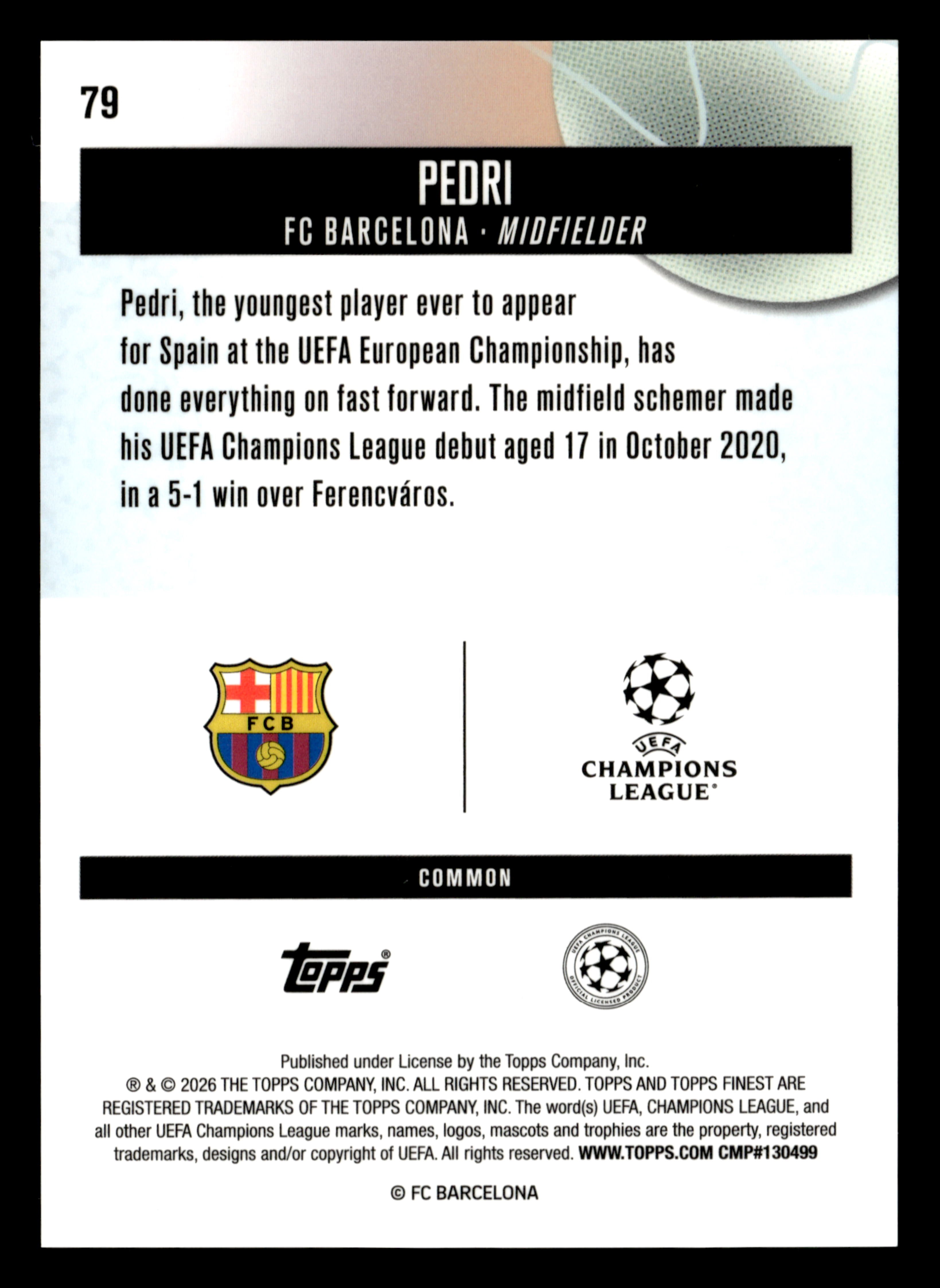 2025-26 Finest UEFA Club Competitions #79 Pedri Blue Checkerboard Refractor #/99