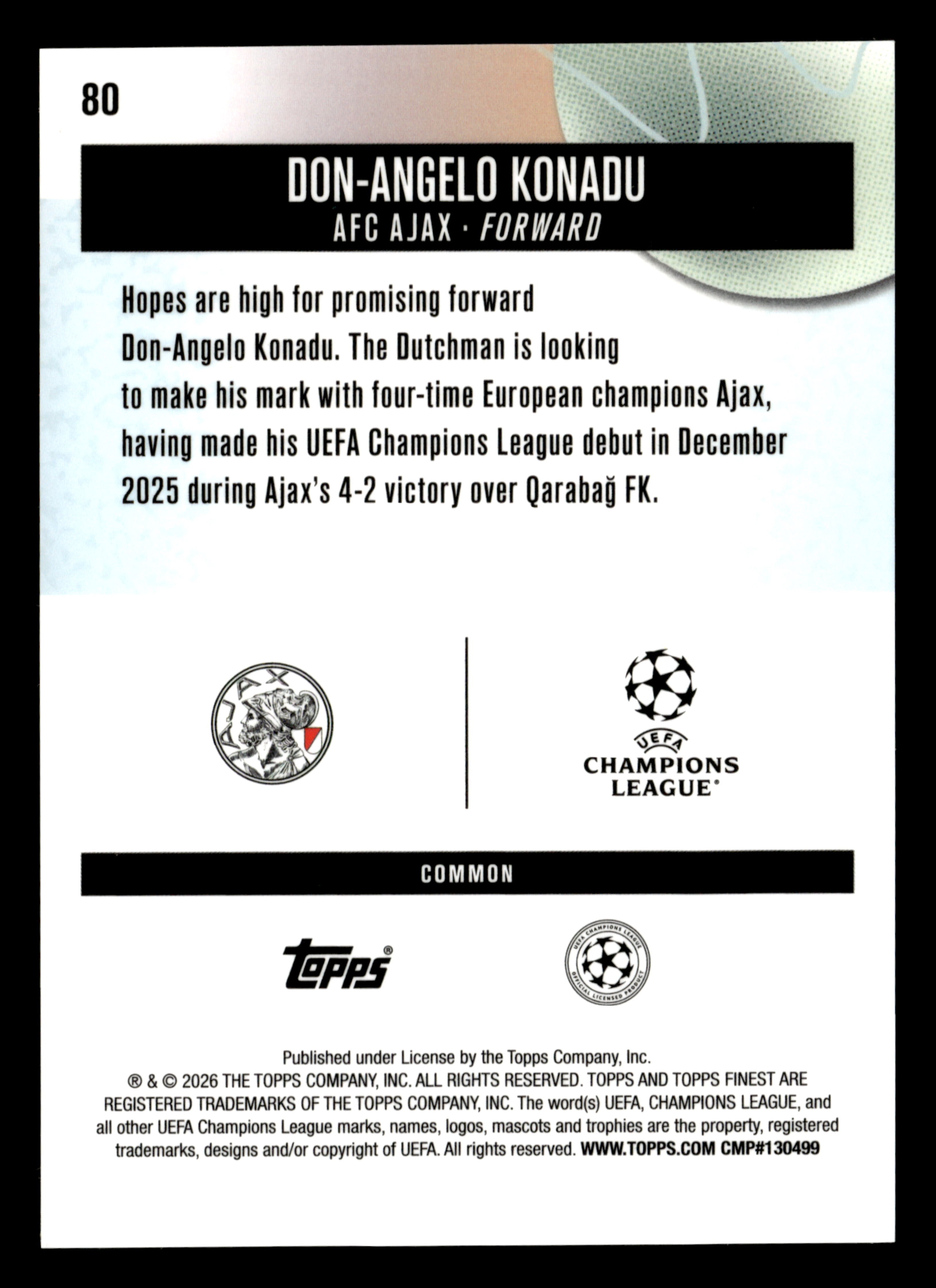 2025-26 Finest UEFA Club Competitions #80 Don-Angelo Konadu Blue Refractor #/200