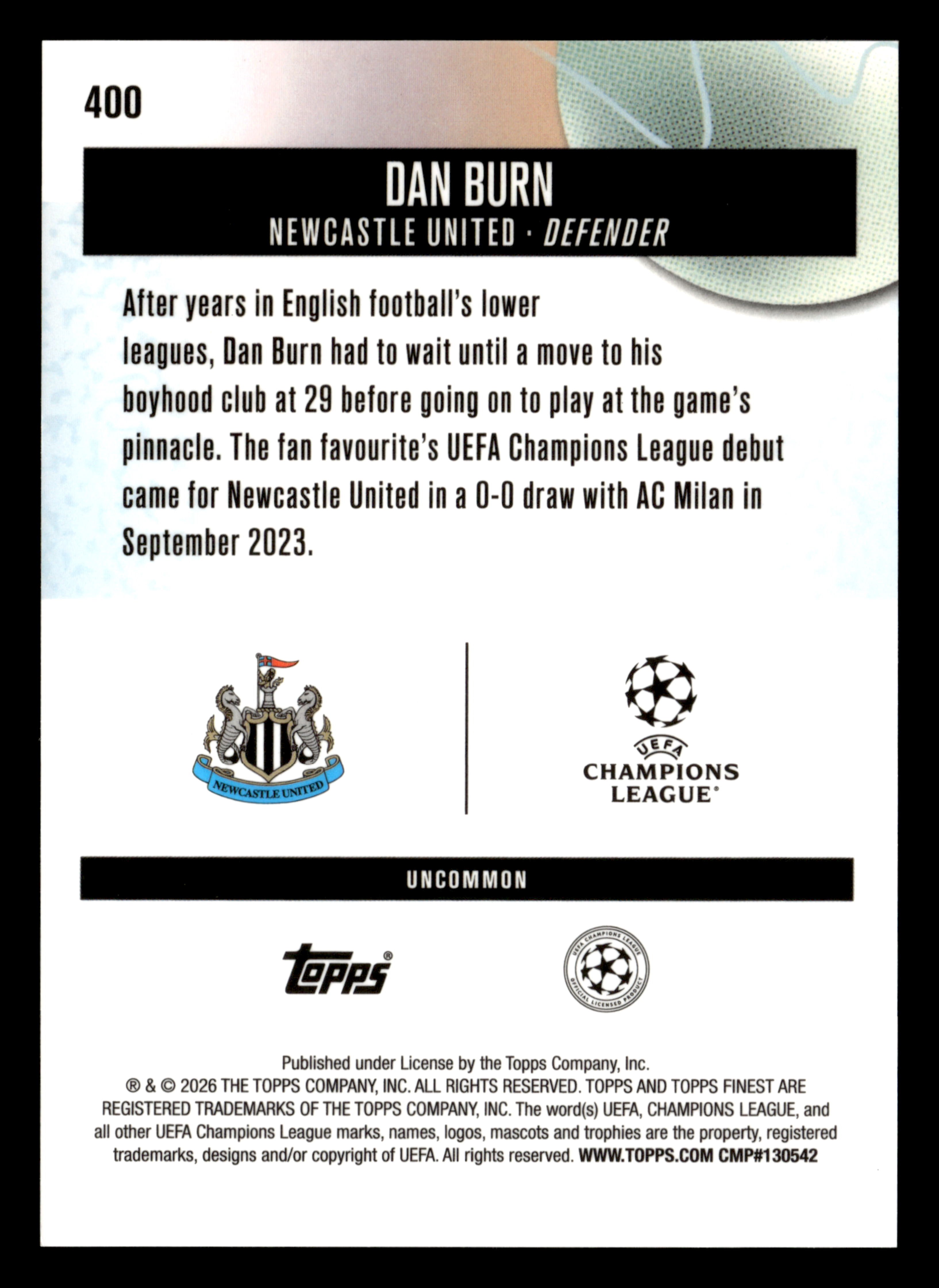 2025-26 Finest UEFA Club Competitions #400 Dan Burn Gold Refractor #/25