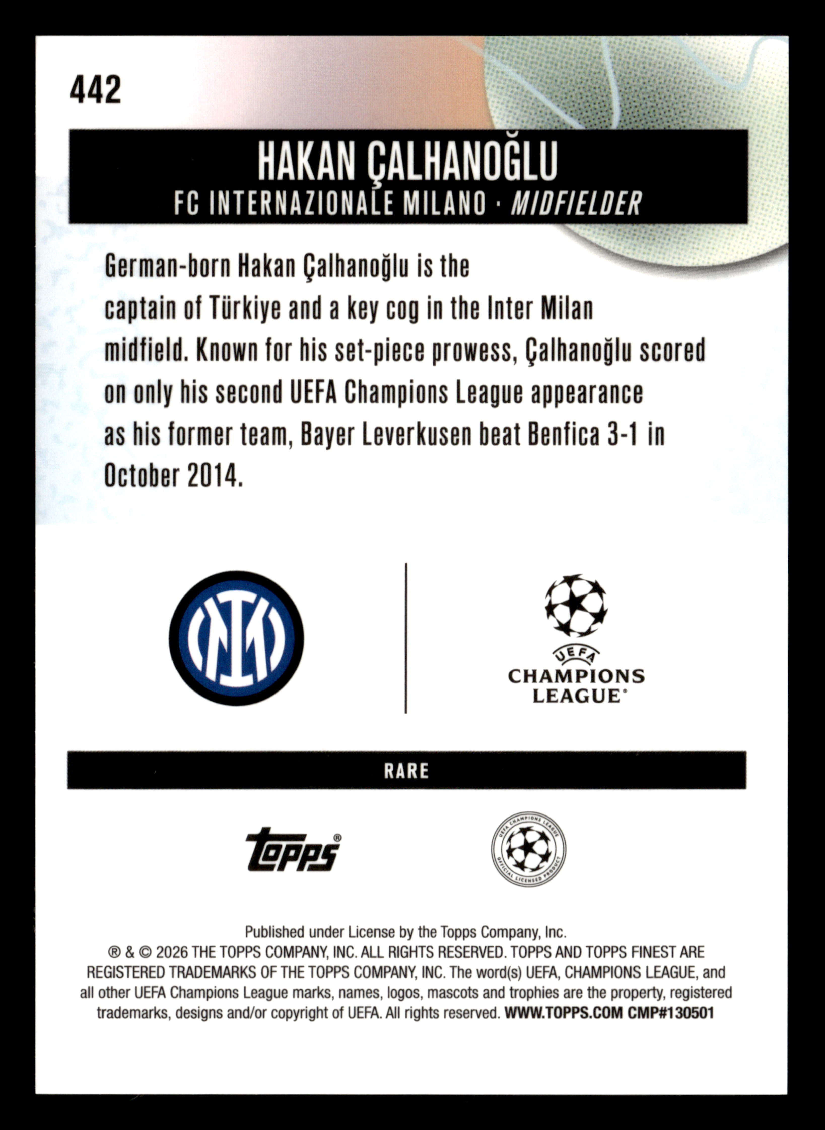 2025-26 Finest UCC #442 Hakan Çalhanoğlu Blue Refractor #/99