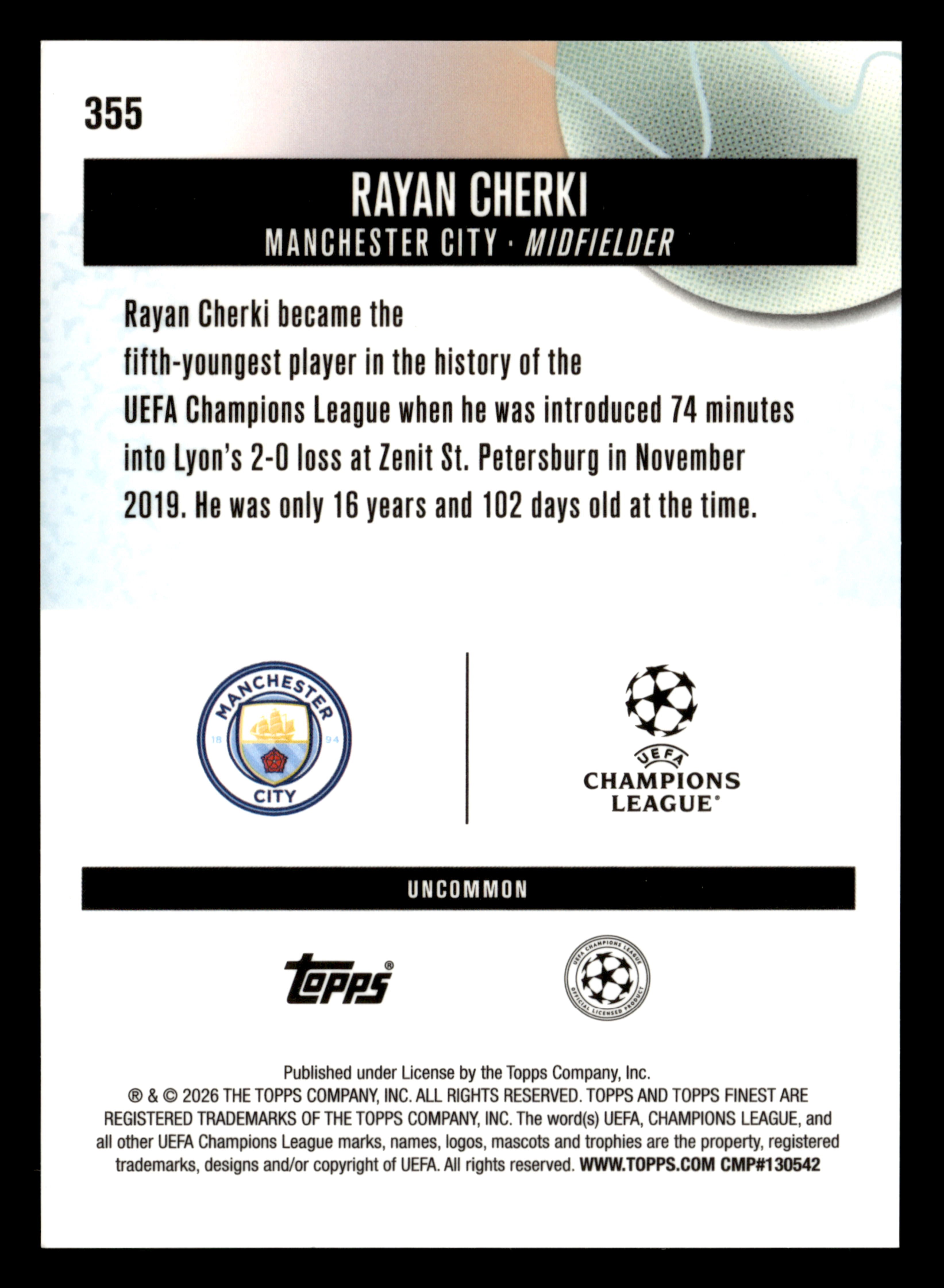 2025-26 Finest UEFA Club Competitions #355 Rayan Cherki Green Refractor #/35