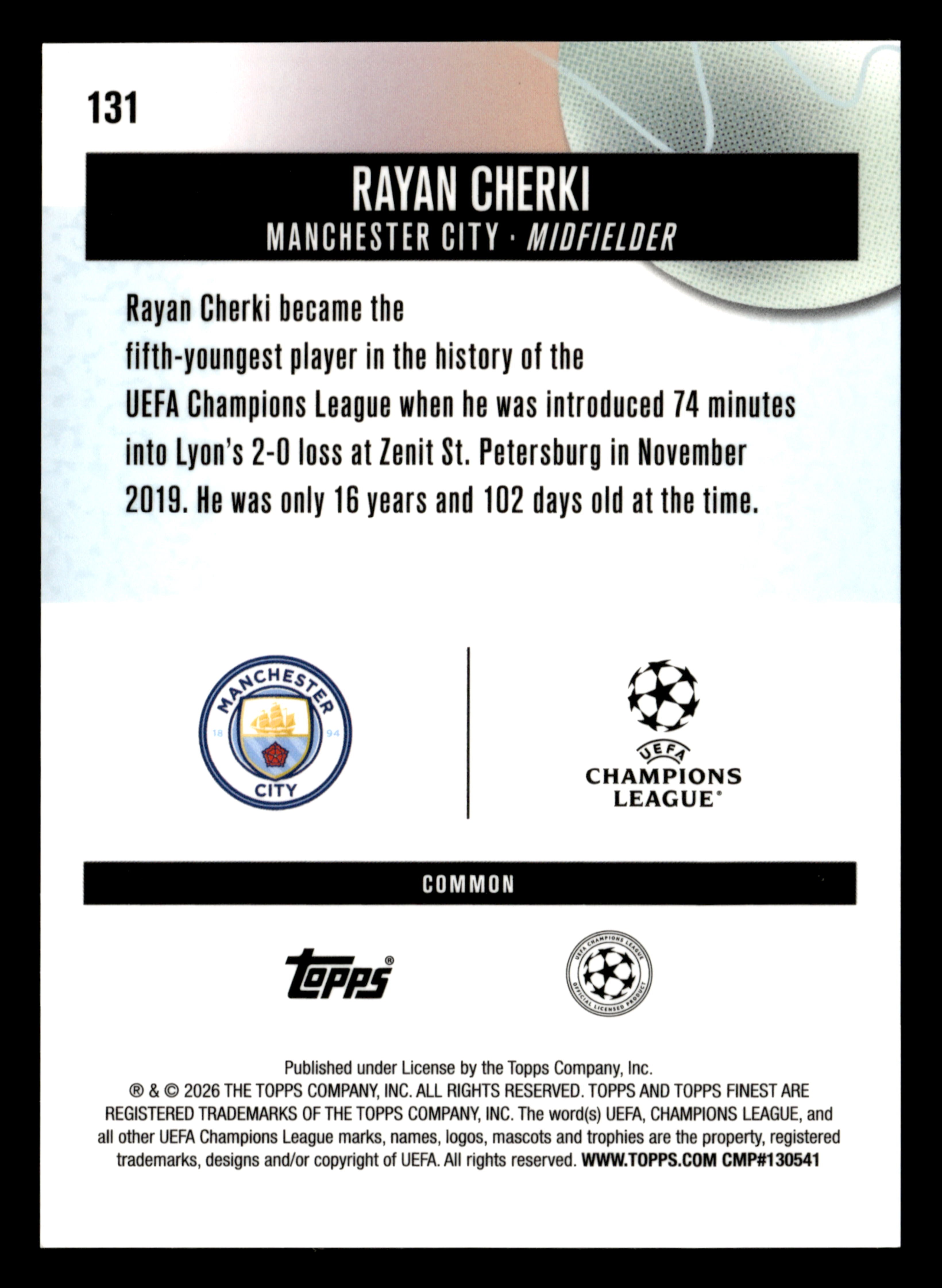 2025-26 Finest UCC #131 Rayan Cherki Pearl Checkerboard Refractor #/60