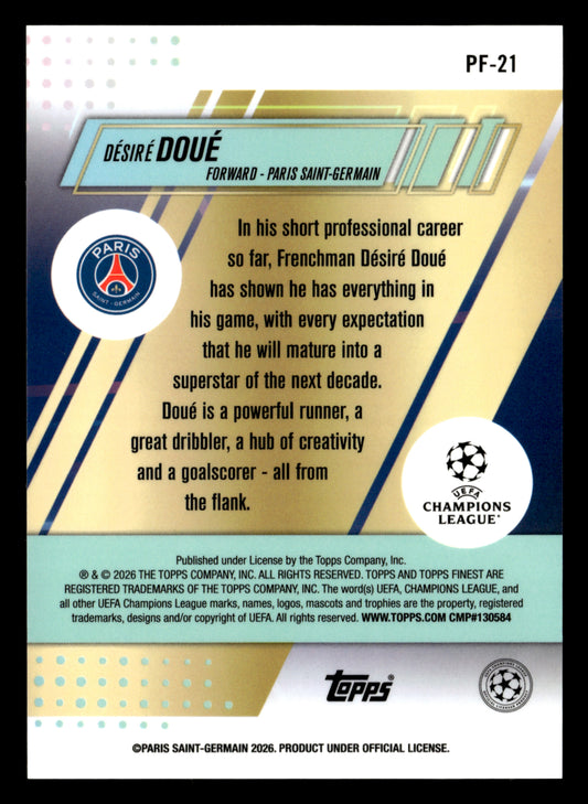 2025-26 Finest UCC #PF-21 Désiré Doué Prized Footballers Green Refractor #/99