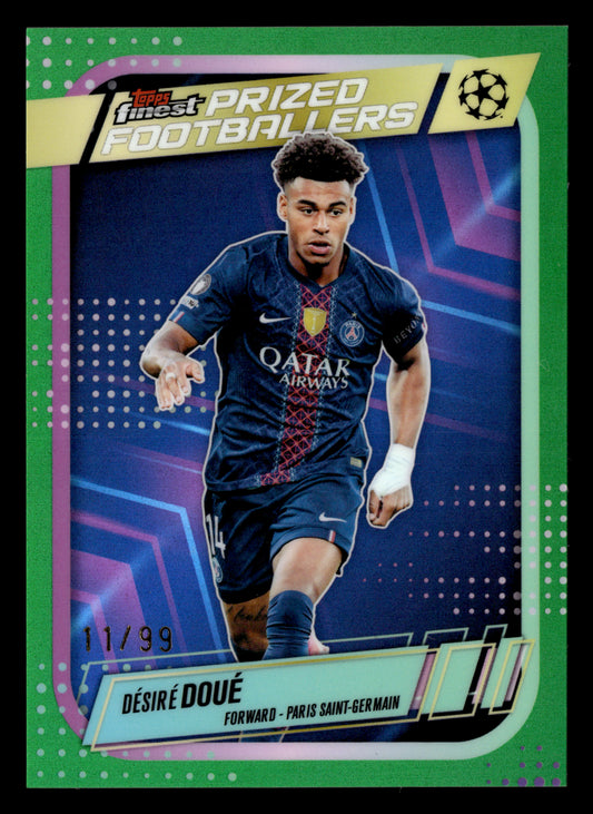 2025-26 Finest UCC #PF-21 Désiré Doué Prized Footballers Green Refractor #/99