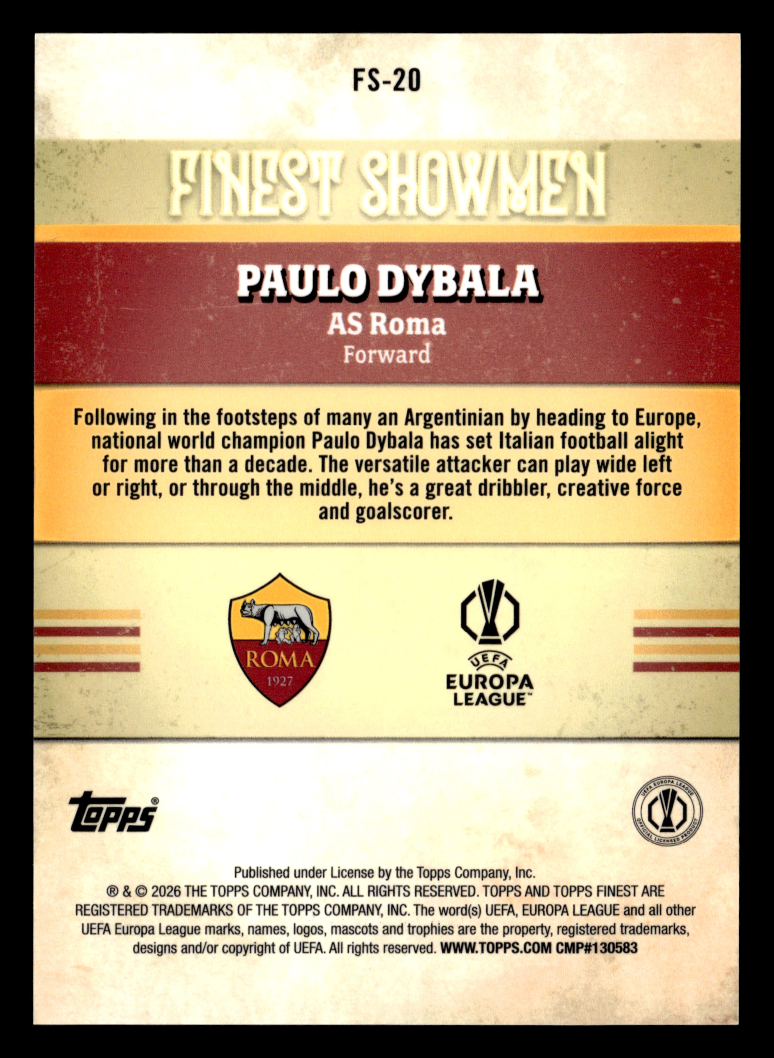 2025-26 Finest UCC #FS-20 Paulo Dybala Finest Showmen Blue Refractor #/150