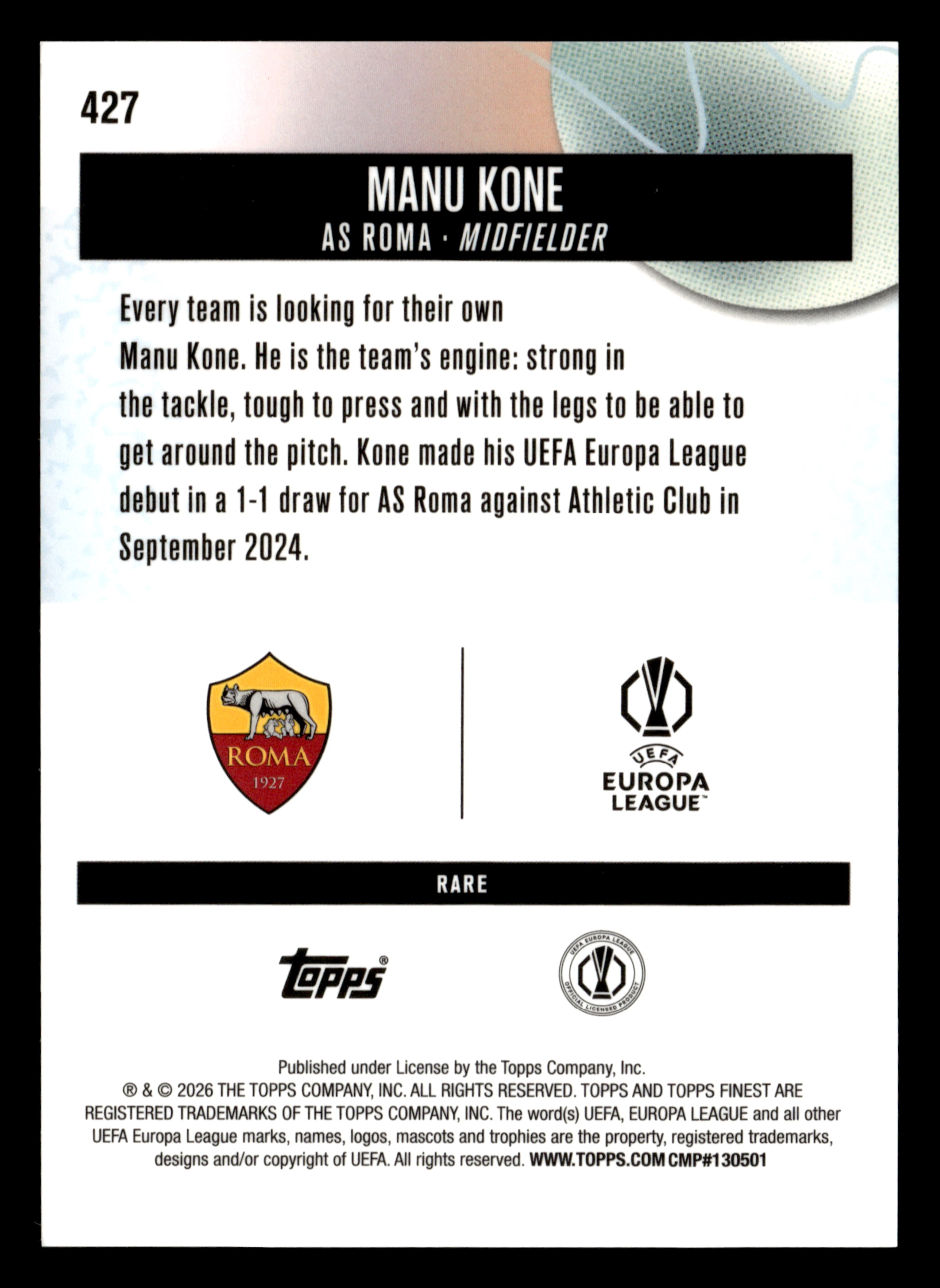 2025-26 Finest UEFA Club Competitions #427 Manu Kone Blue Refractor #/99