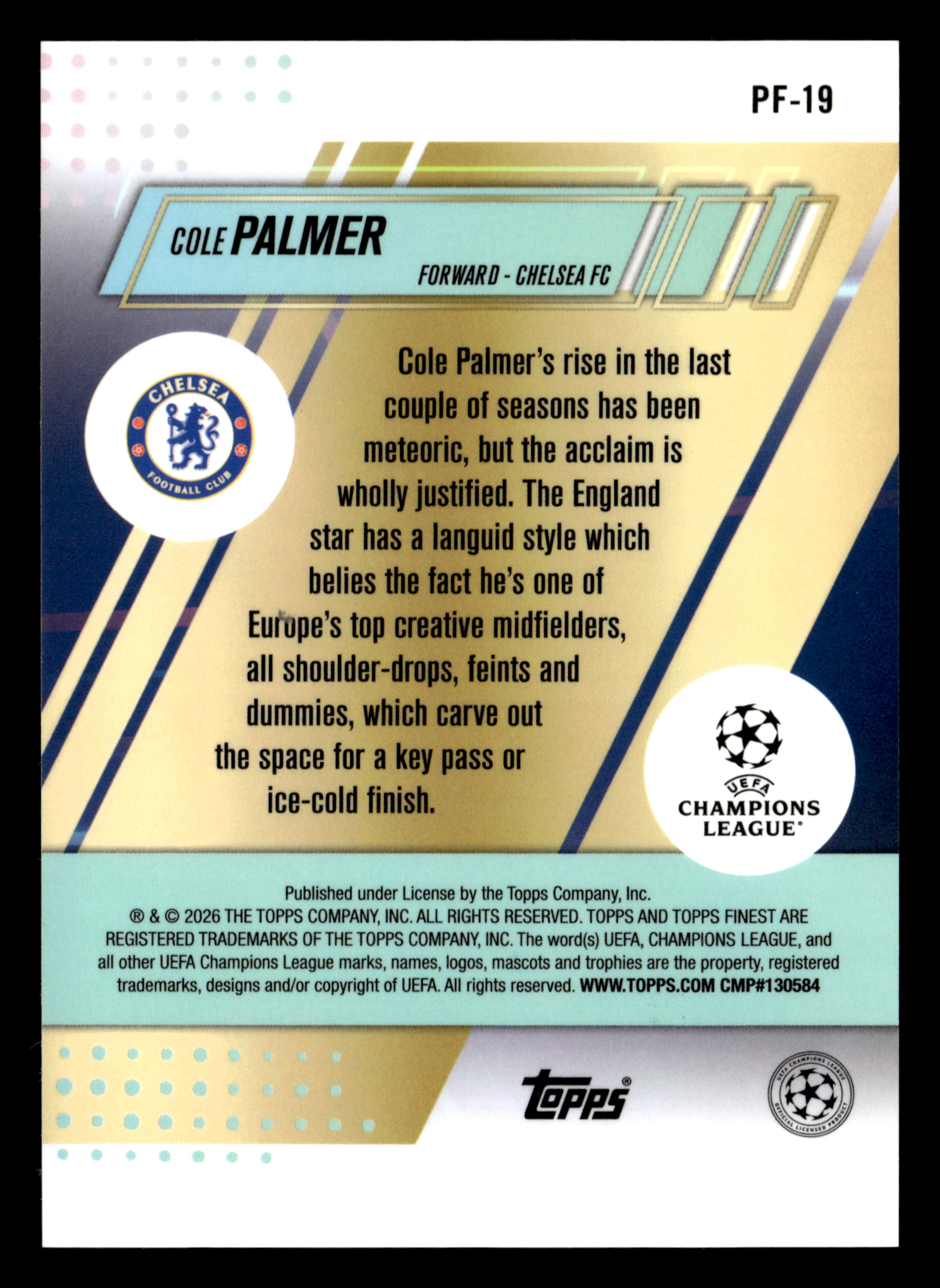 2025-26 Finest UCC #PF-19 Cole Palmer Prized Footballers Blue Refractor #/150