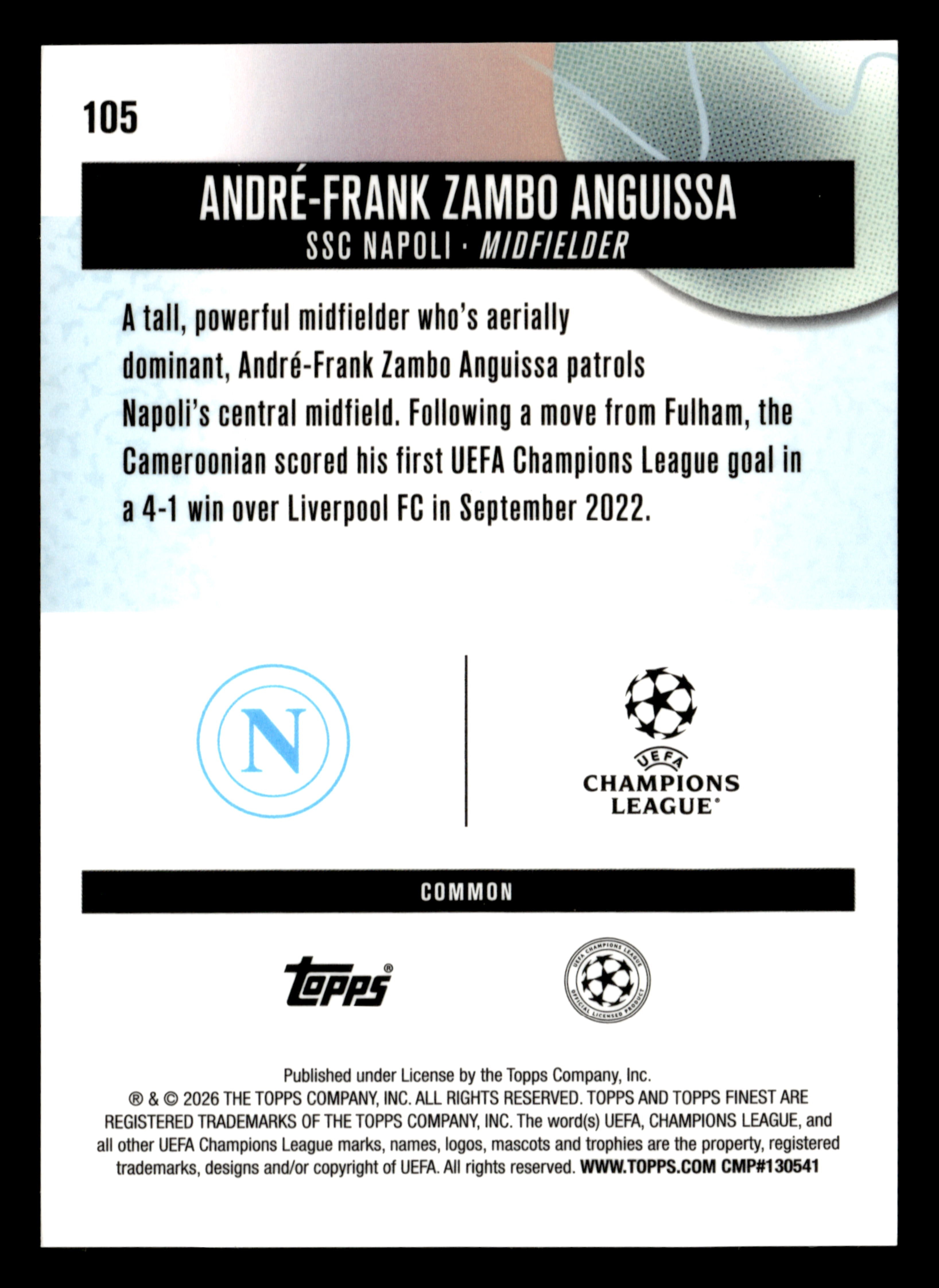 2025-26 Finest UCC #105 André-Frank Zambo Anguissa Purple Checkerboard #/150