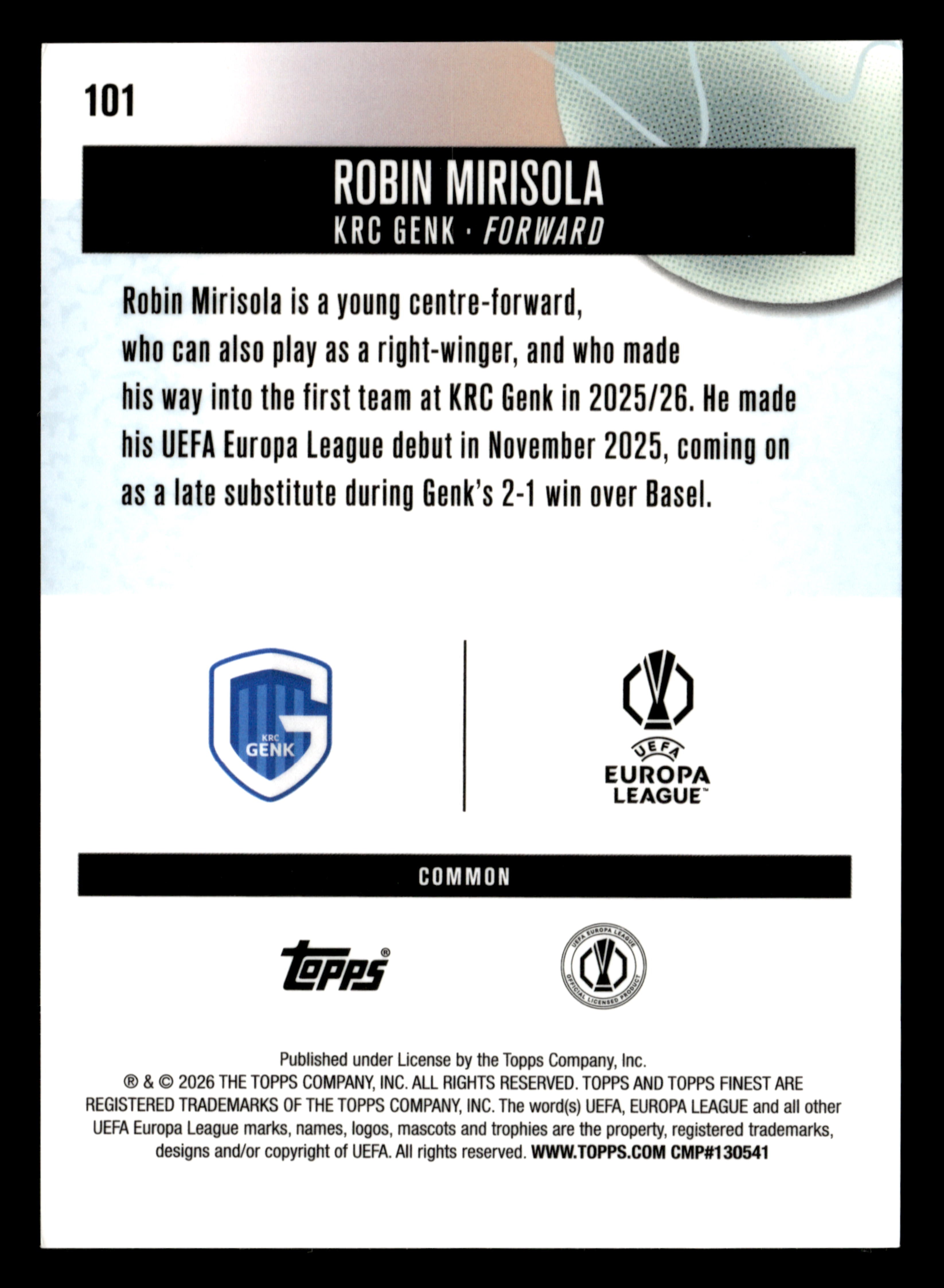2025-26 Finest UEFA Club Competitions #101 Robin Mirisola Green Refractor #/75
