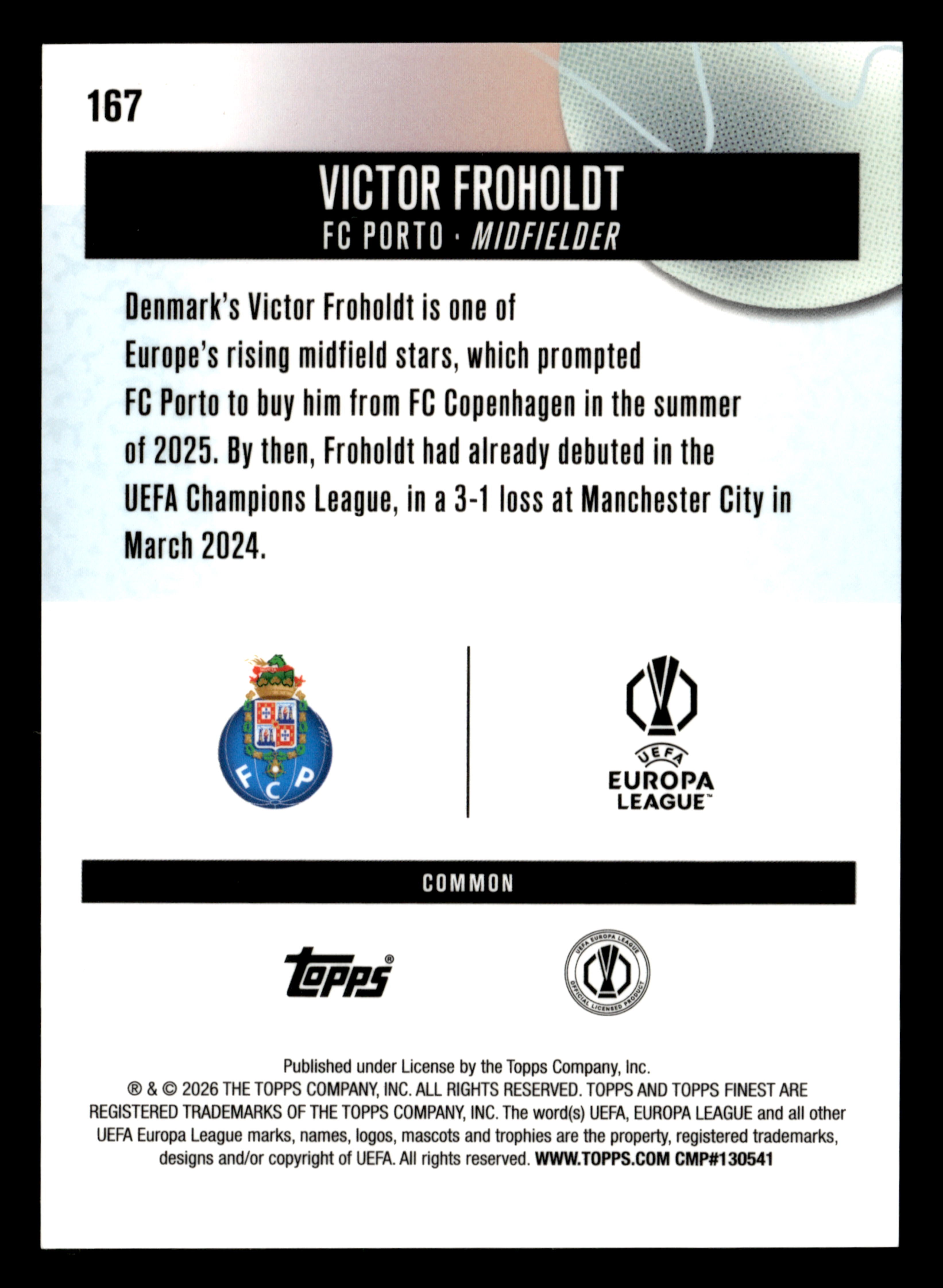 2025-26 Finest UEFA Club Competitions #167 Victor Froholdt Blue Refractor #/200