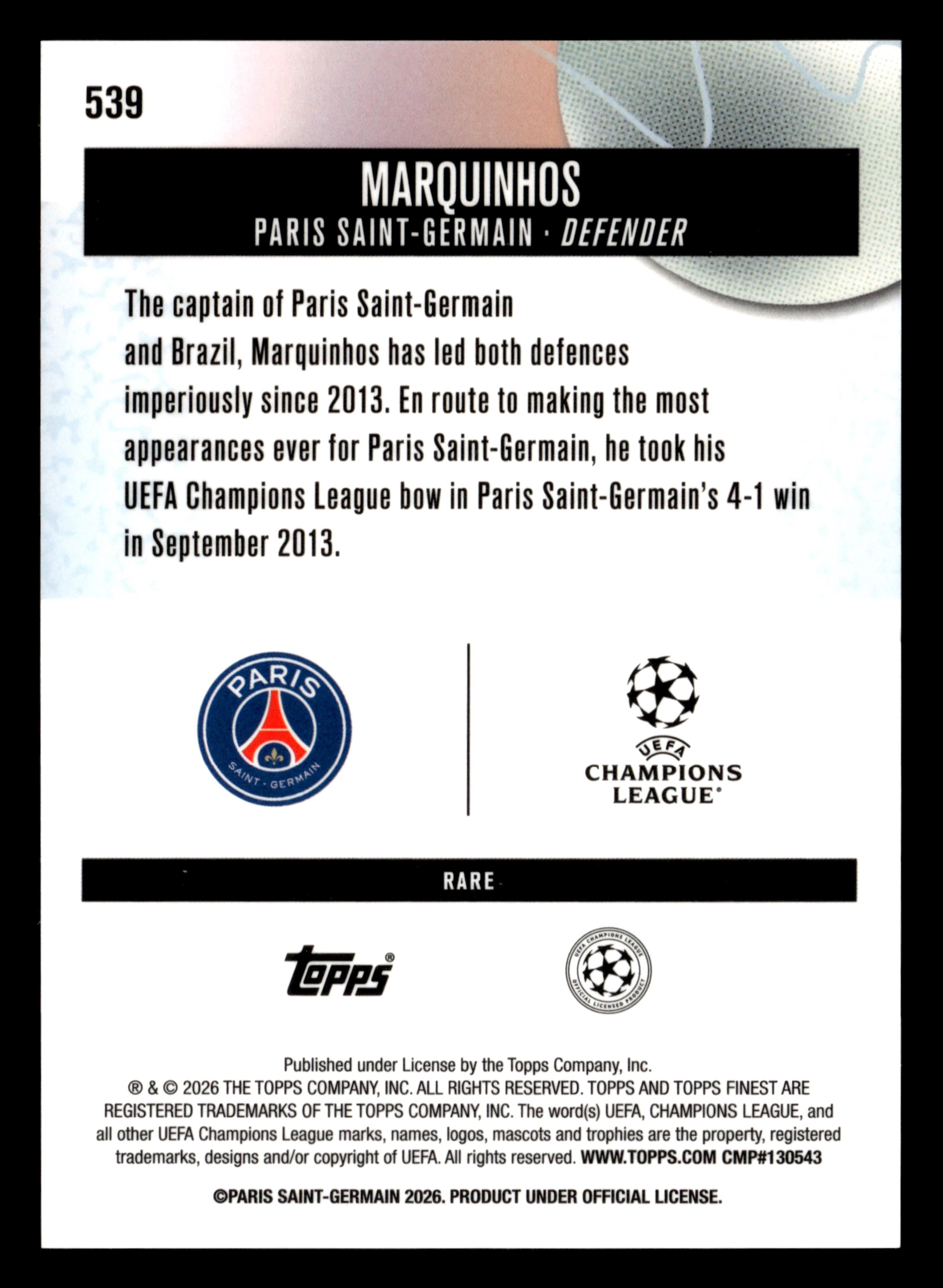 2025-26 Finest UEFA Club Competitions #539 Marquinhos Blue Refractor #/99