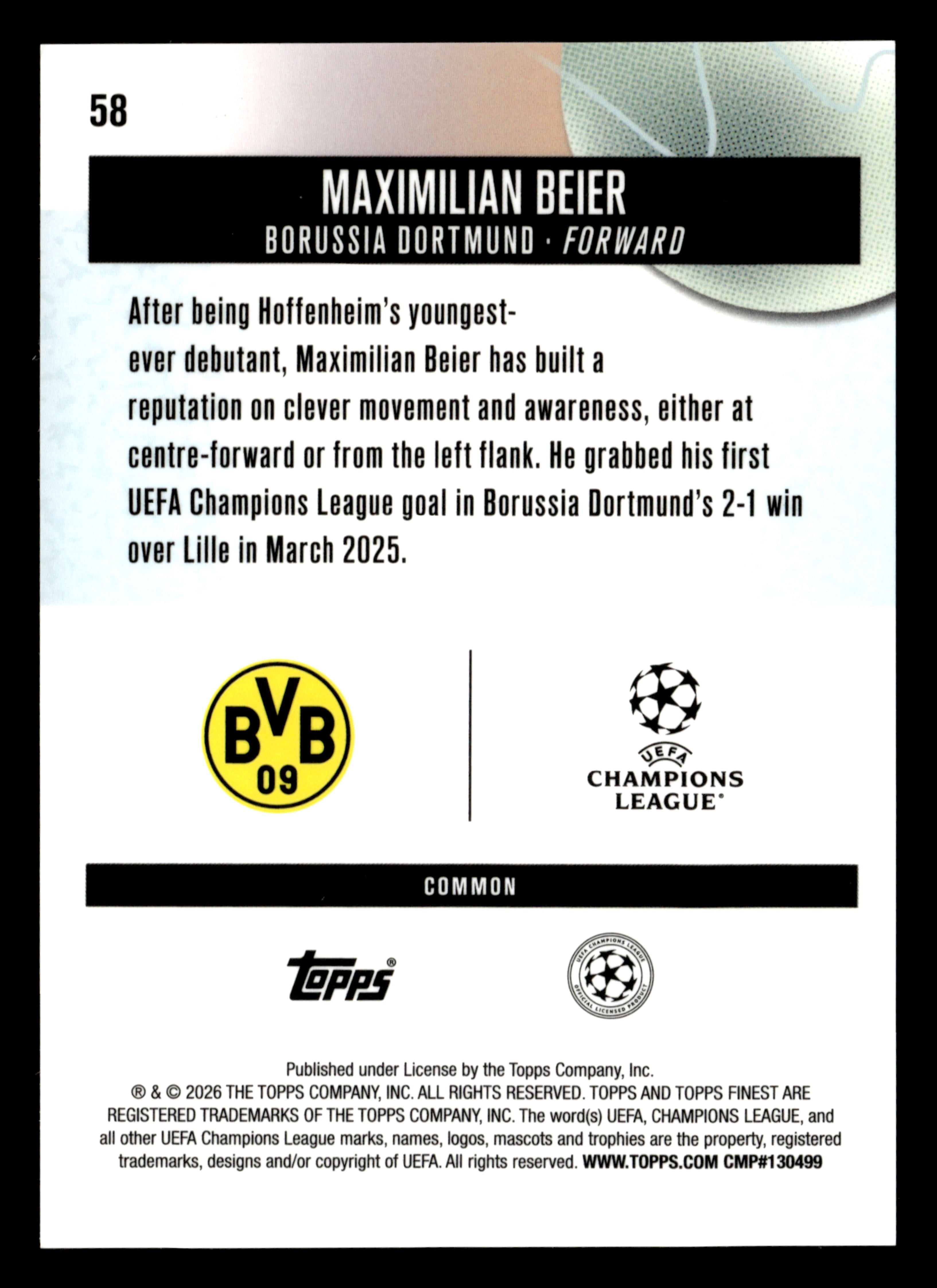 2025-26 Finest UEFA Club Competitions #58 Maximilian Beier Blue Refractor #/200