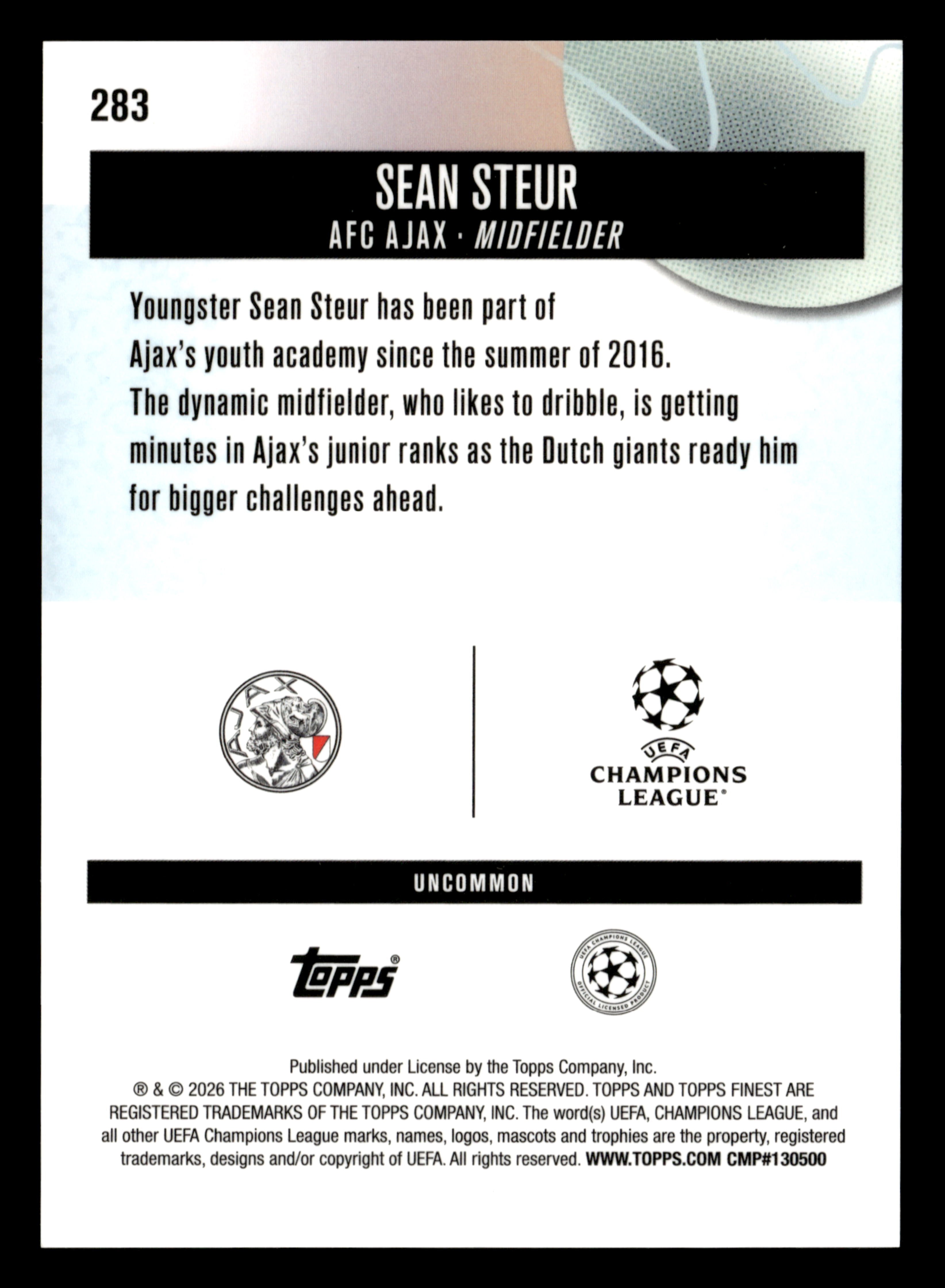 2025-26 Finest UEFA Club Competitions #283 Sean Steur Blue Refractor #/150